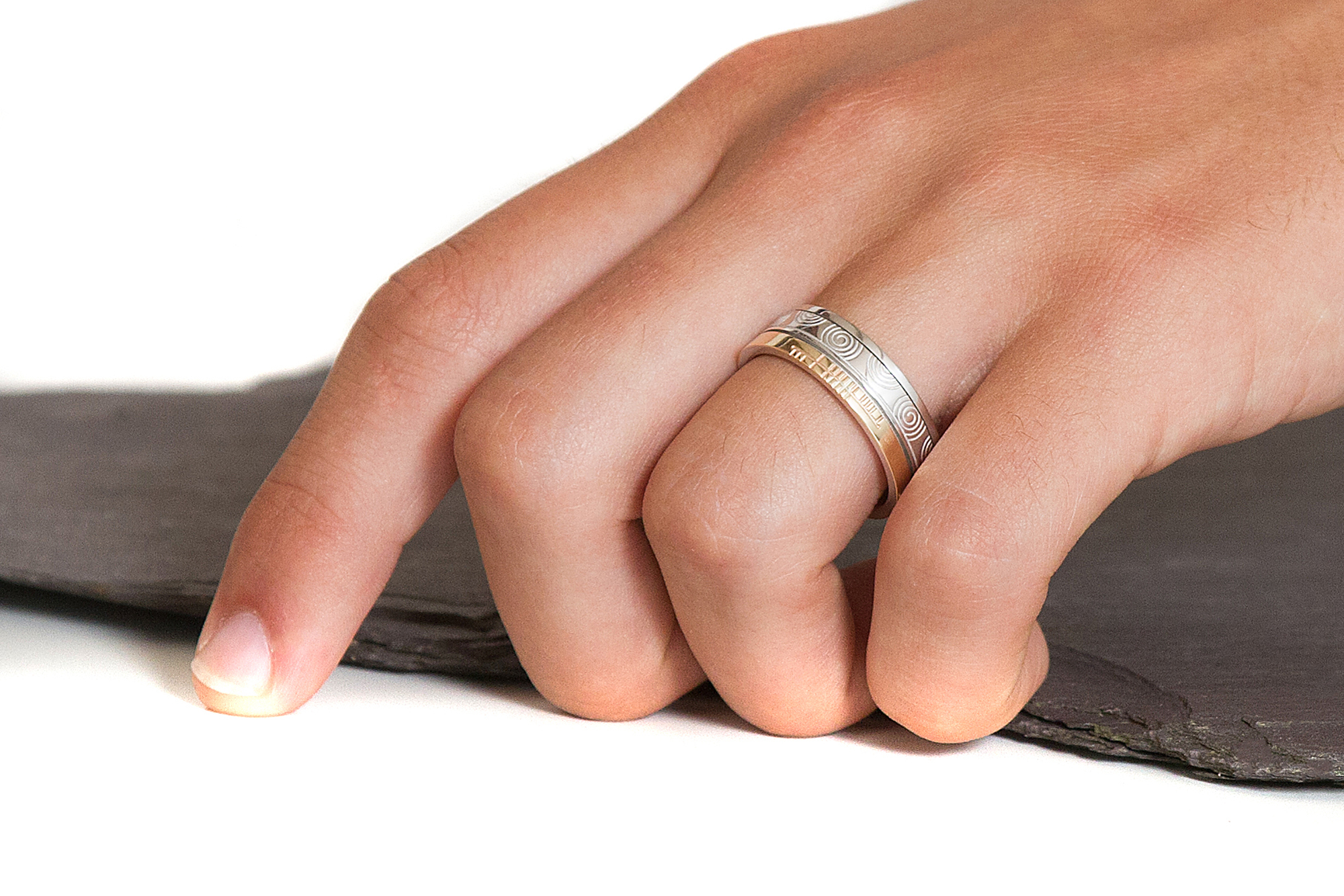 Ogham 7.3mm Ring in Real 14K White Gold & Yellow Gold - Model Photo