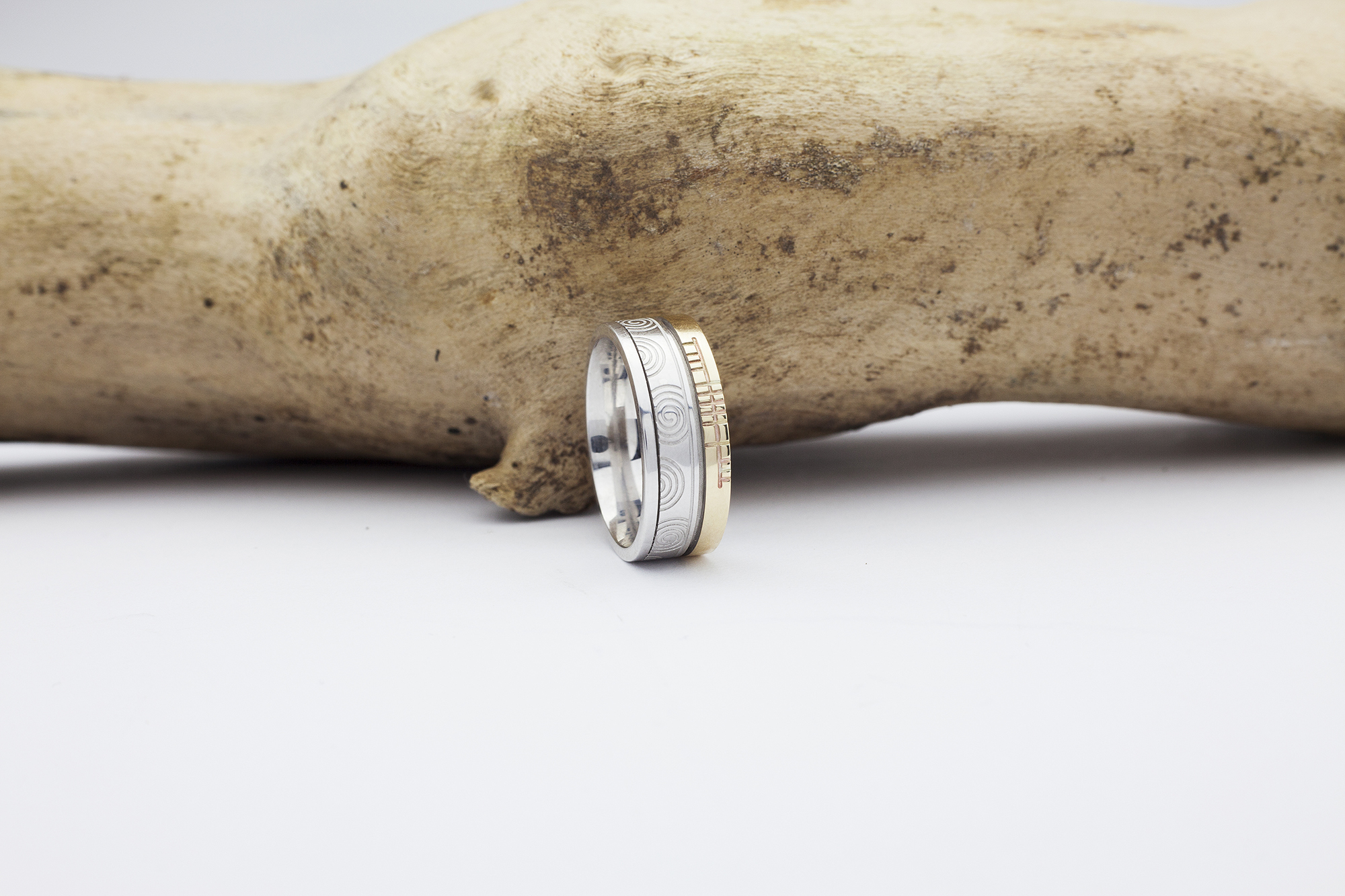 Ogham & Newgrange 7.3mm Ring in Real 14K White Gold & Yellow Gold