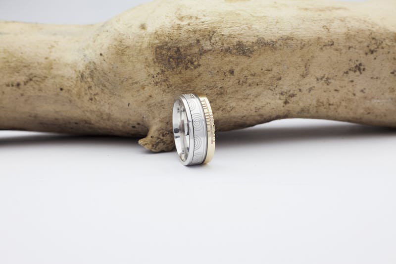 Ogham & Newgrange 7.3mm Ring in Real 14K White Gold & Yellow Gold