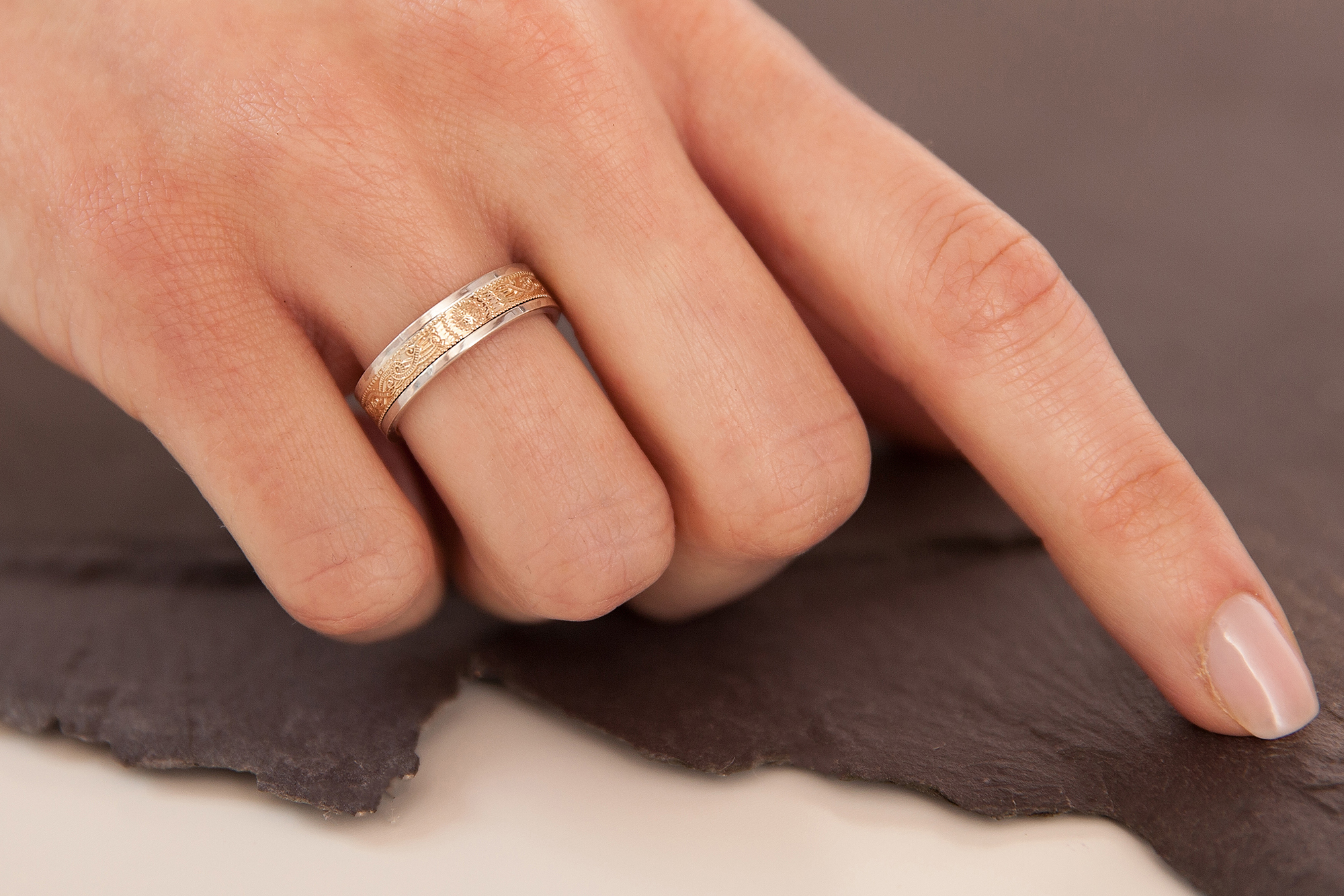 Womens Celtic Warrior & Celtic Knot 6.6mm Ring in White Gold & Yellow Gold - Model Photo