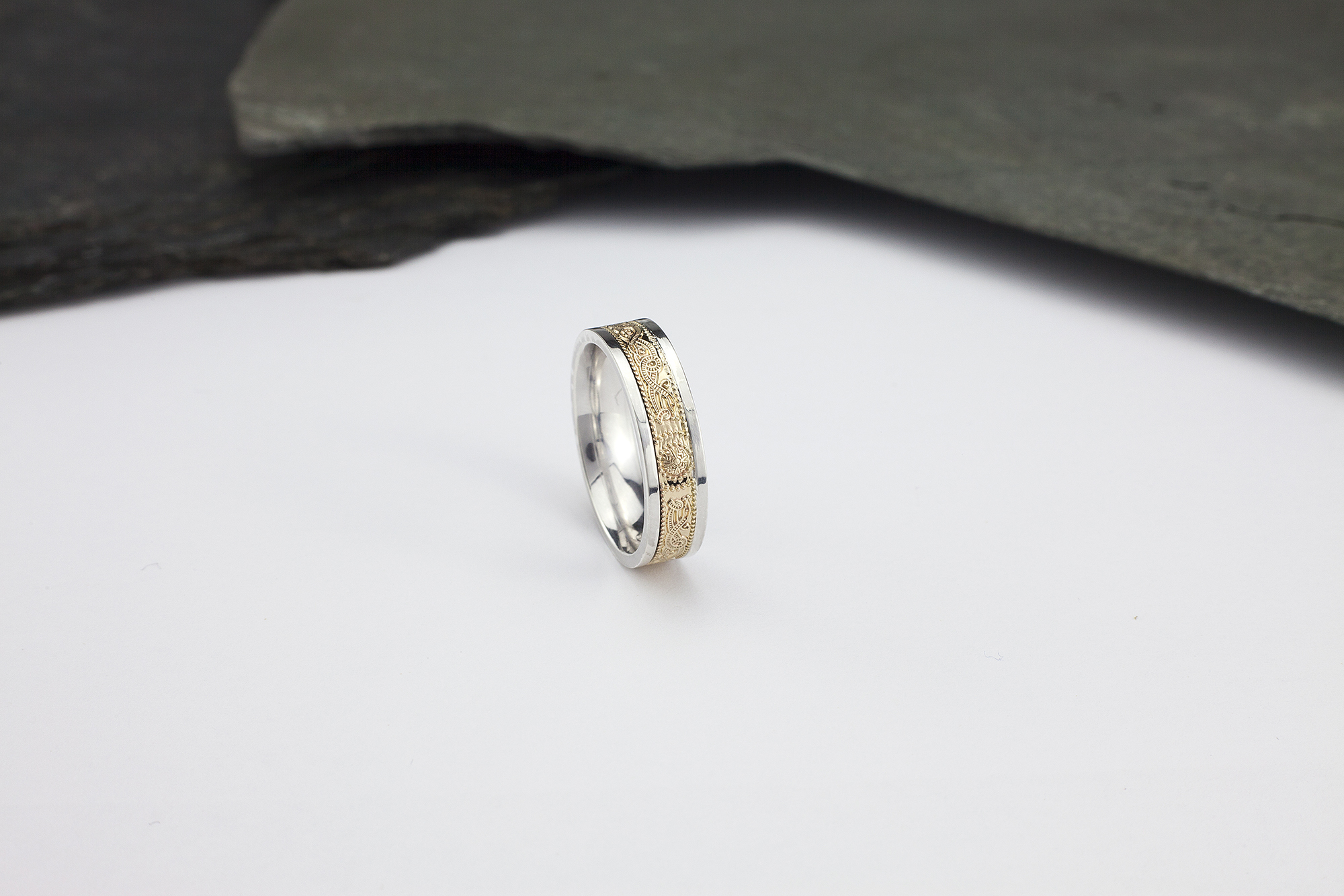 Mens White Gold & Yellow Gold Celtic Warrior & Celtic Knot 5.0mm Ring