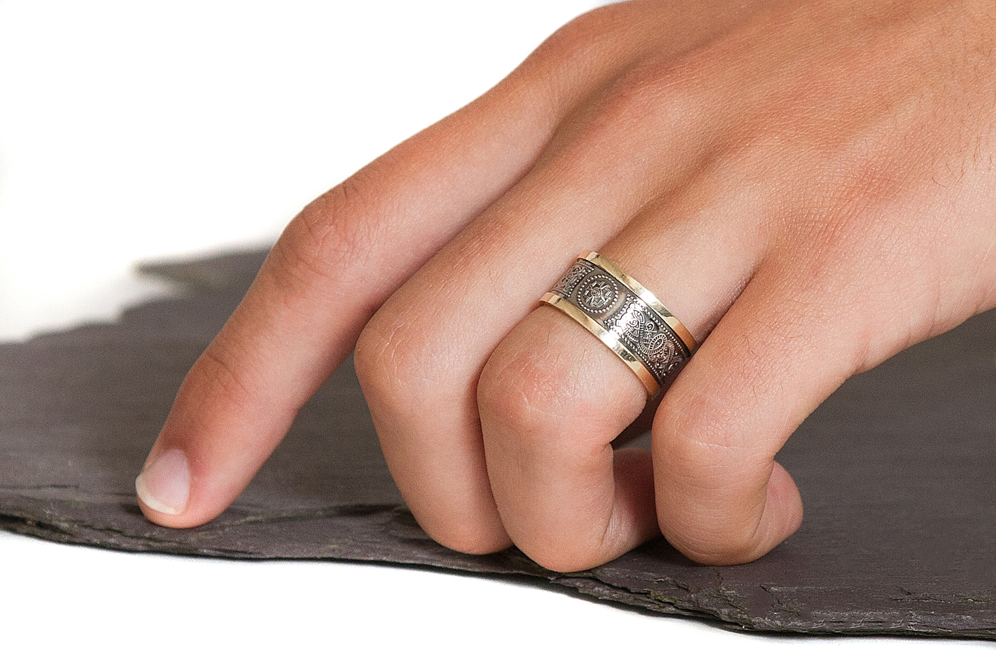 Genuine Sterling Silver & 10K Yellow Gold Ardagh Chalice & Celtic Knot Ring With a Oxidised Finish - Model Photo