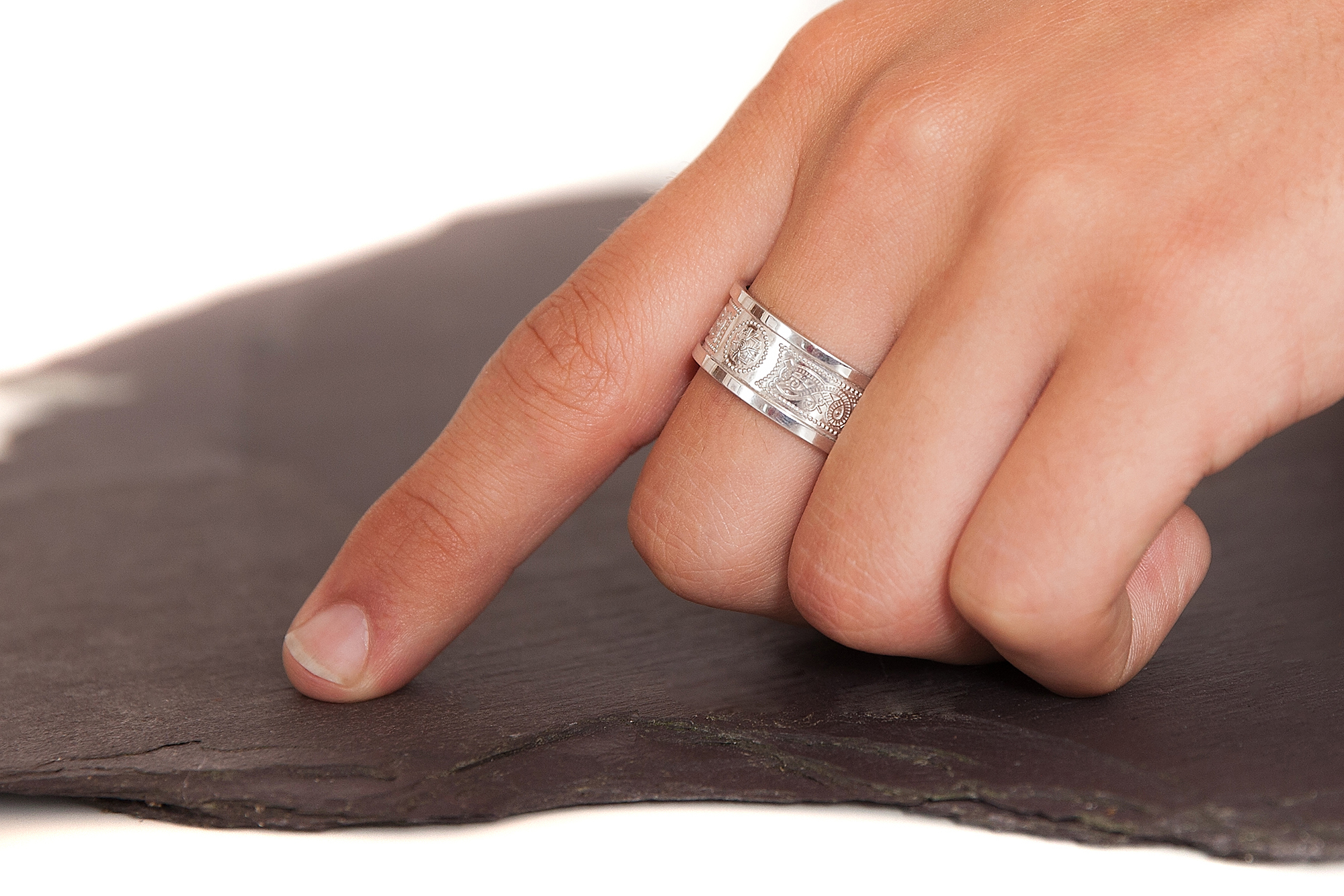 Genuine Platinum Ardagh Chalice & Celtic Knot 10.0mm Ring With a Polished Finish - Model Photo