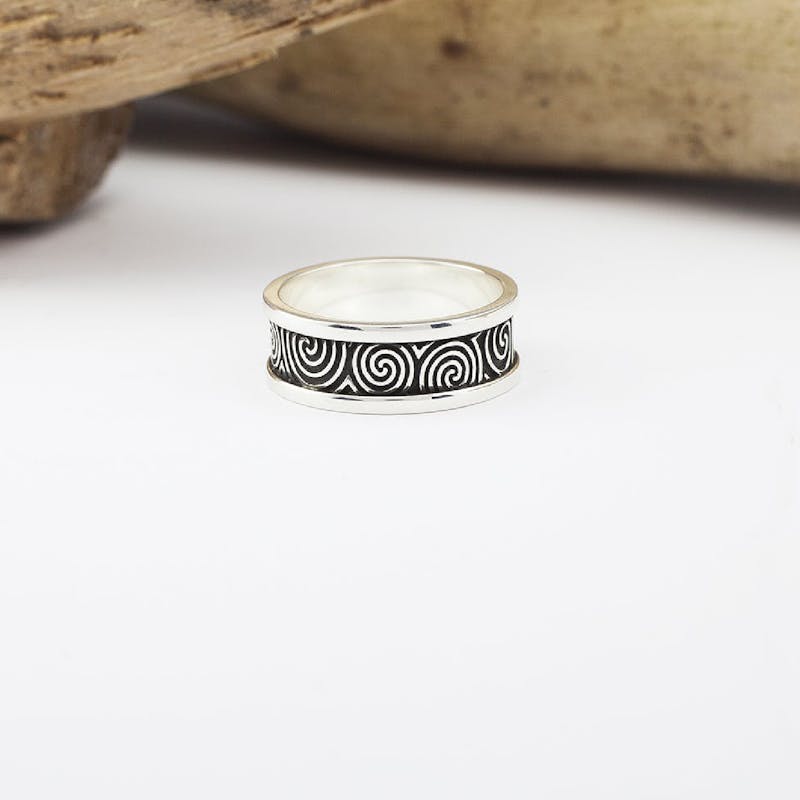 Mens Oxidized Sterling Silver Newgrange 6.5mm Ring
