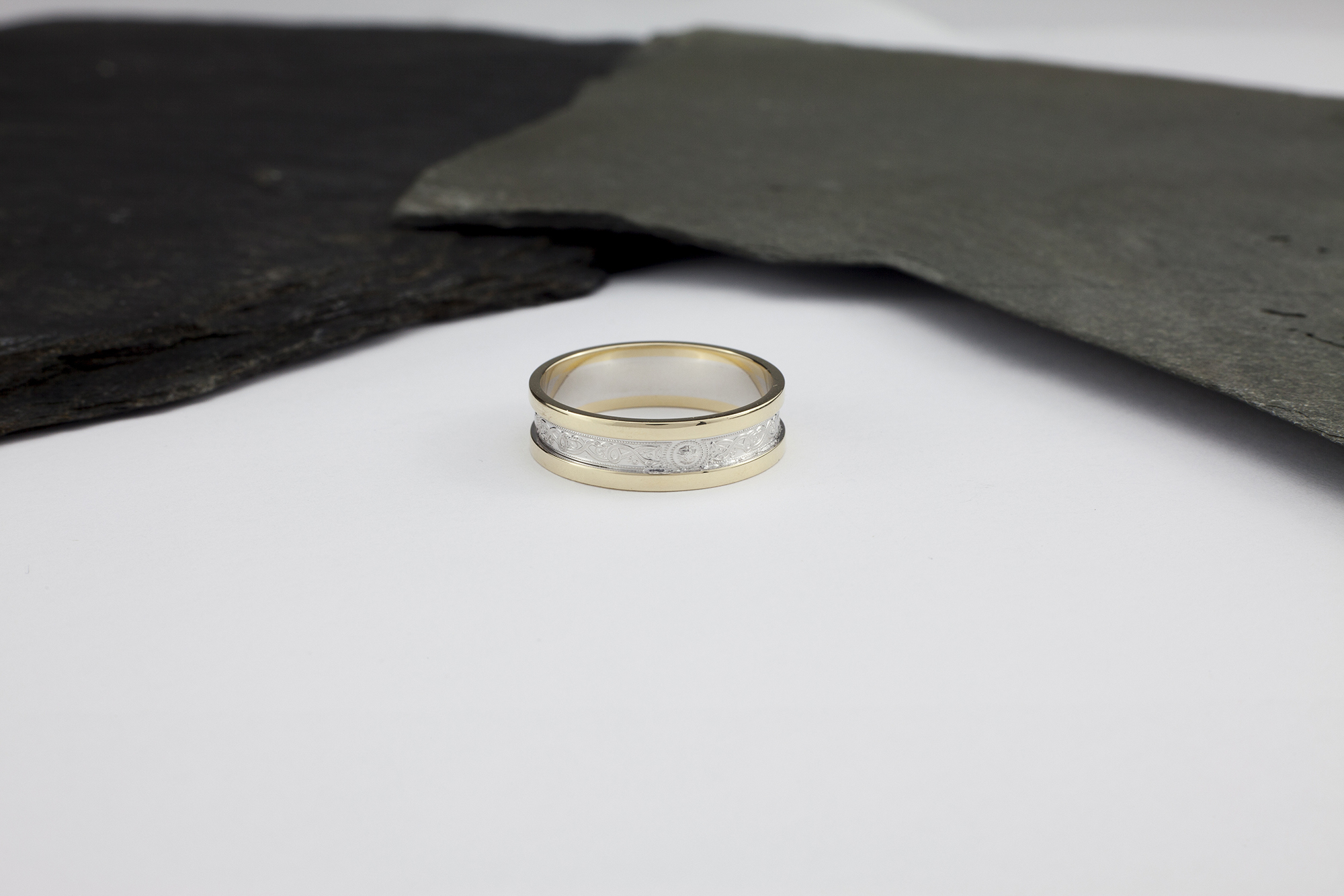 Authentic White Gold & Yellow Gold Ardagh Chalice & Celtic Knot 5.5mm Ring. Pictured Flat.