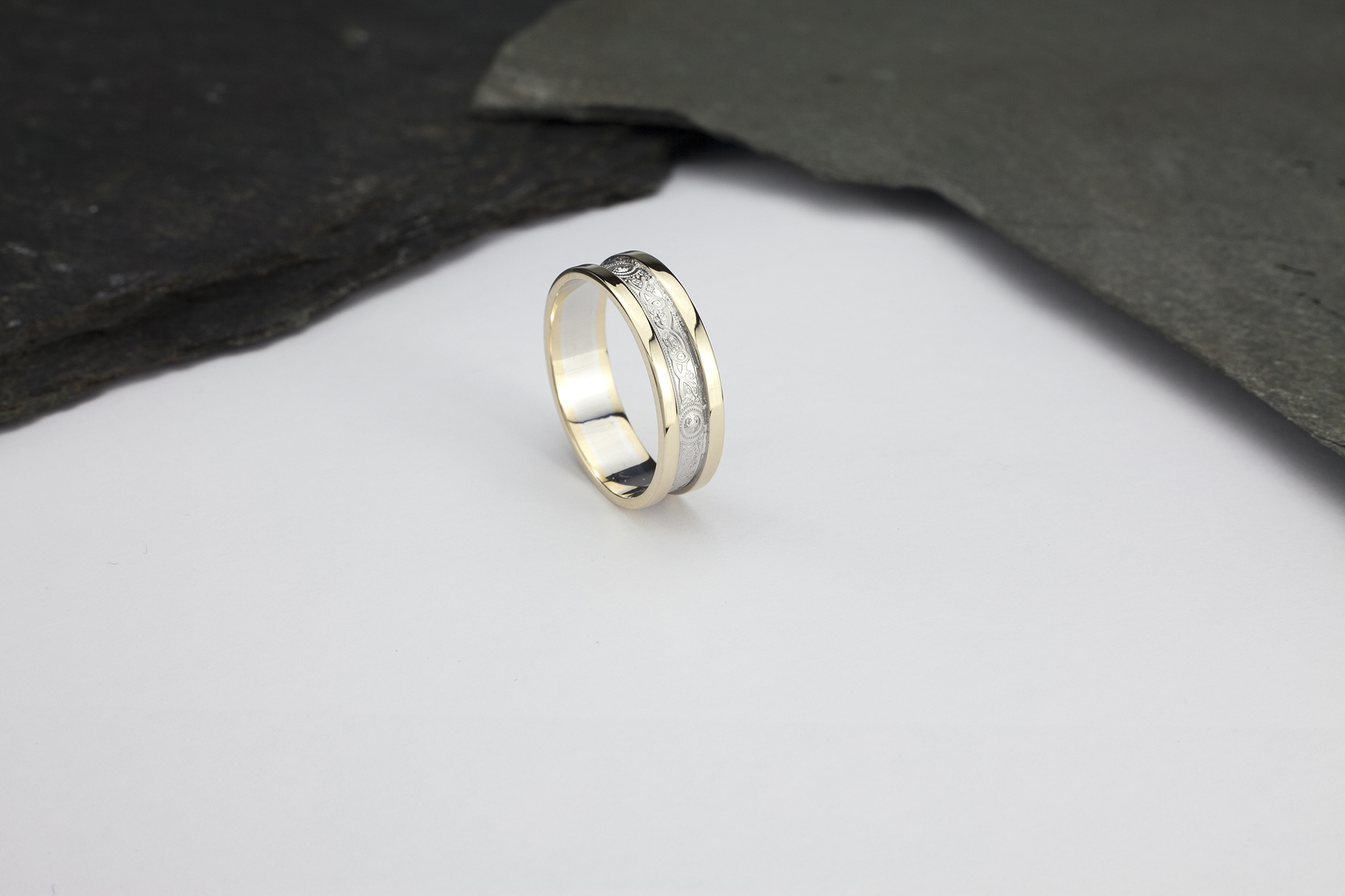 Real 14K White Gold & Yellow Gold Ardagh Chalice 5.5mm Ring. Pictured Flat.