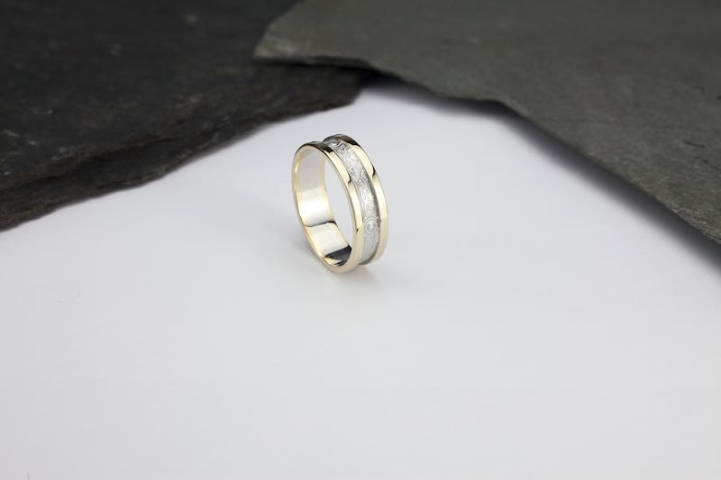 Real 14K White Gold & Yellow Gold Ardagh Chalice 5.5mm Ring. Pictured Flat.