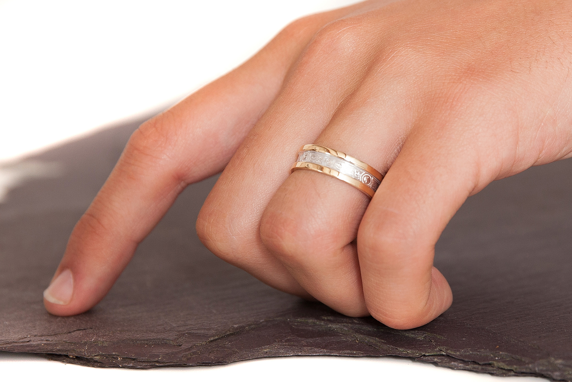 Real White Gold & Yellow Gold Ardagh Chalice 5.5mm Ring - Model Photo. Pictured Flat.