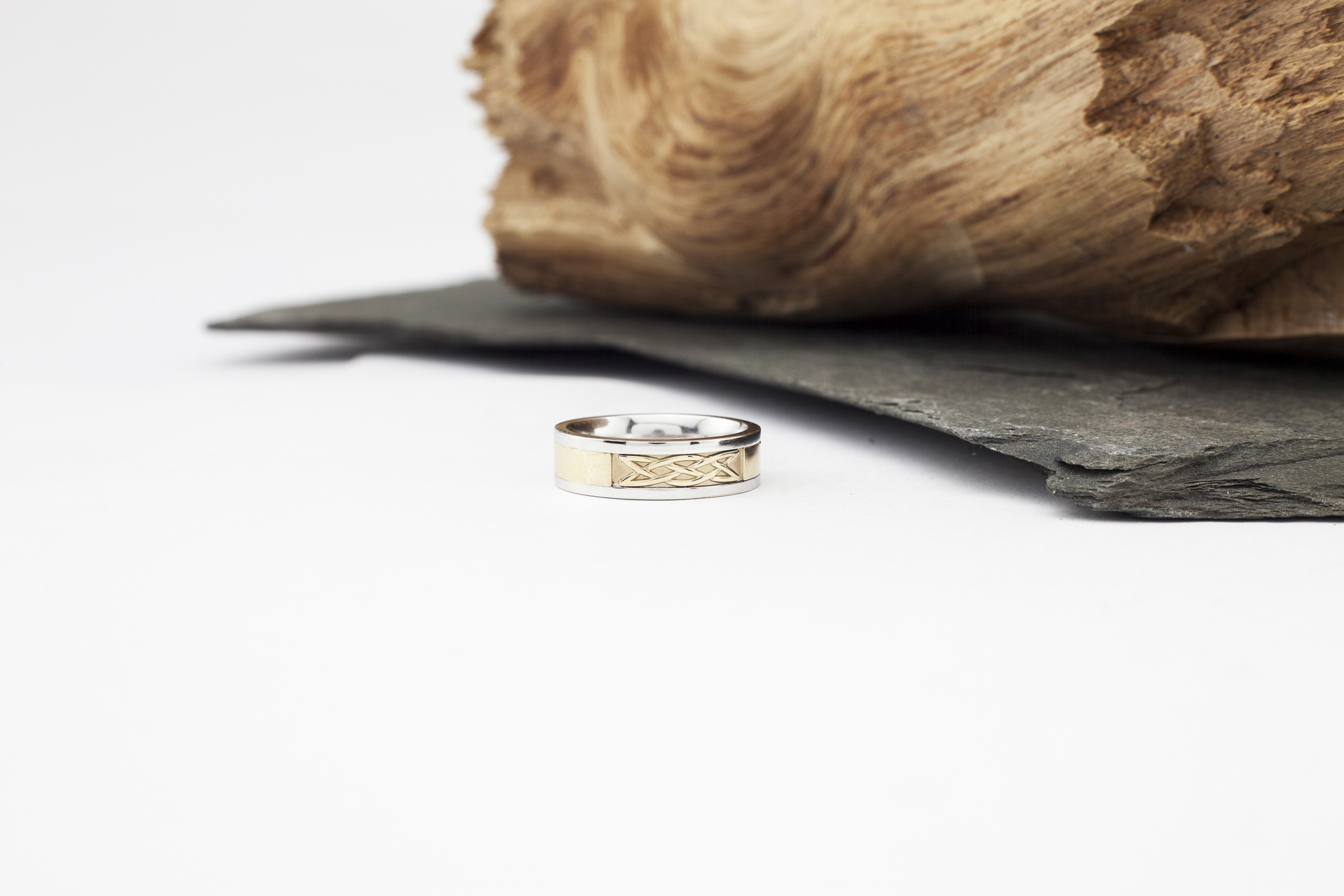 Mens Celtic Knot 5.0mm Ring in Real 14K White Gold & Yellow Gold