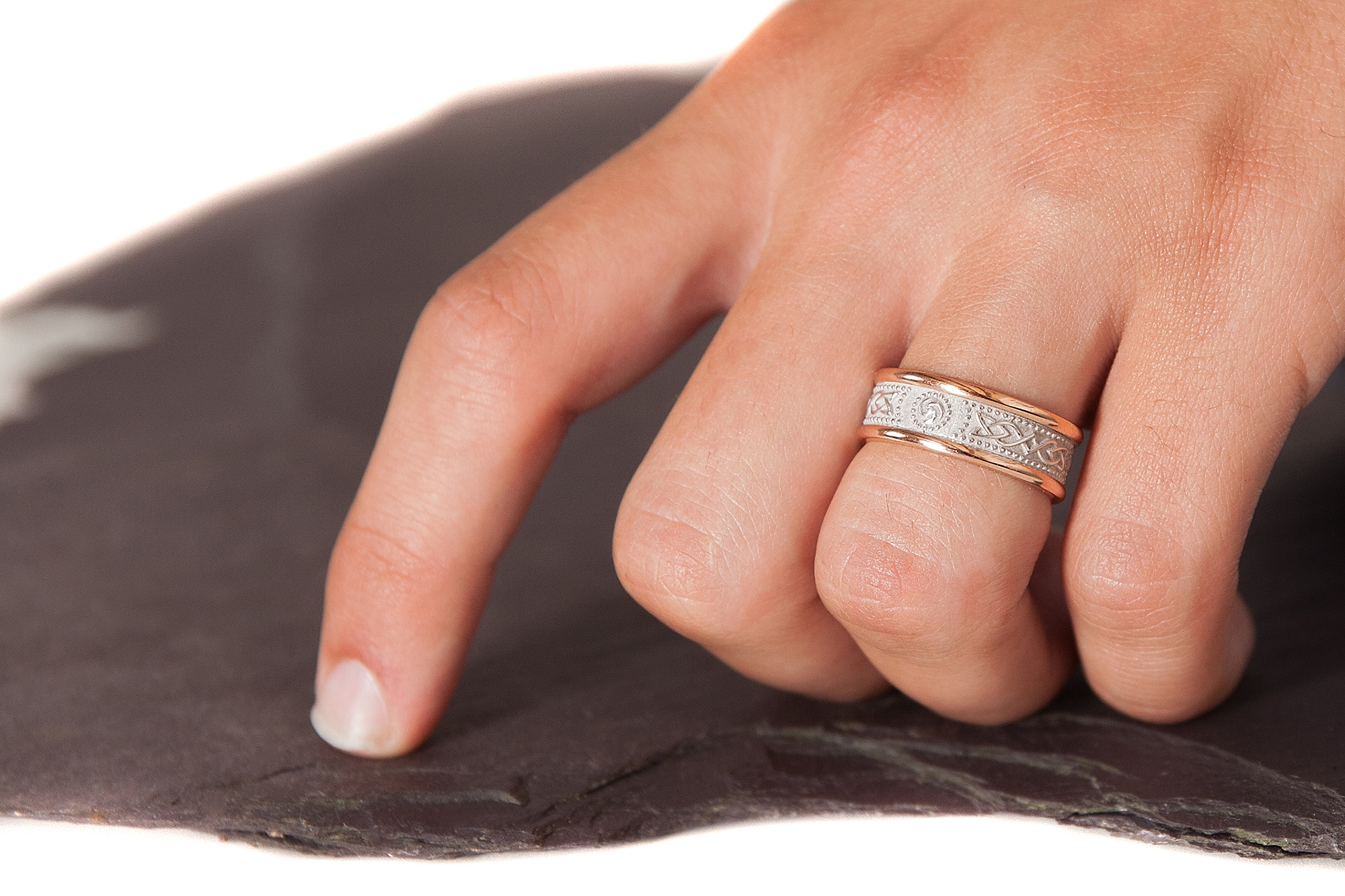 Authentic Sterling Silver & 10K Yellow Gold Celtic Knot 6.5mm Ring With a Florentine Finish For Women - Model Photo