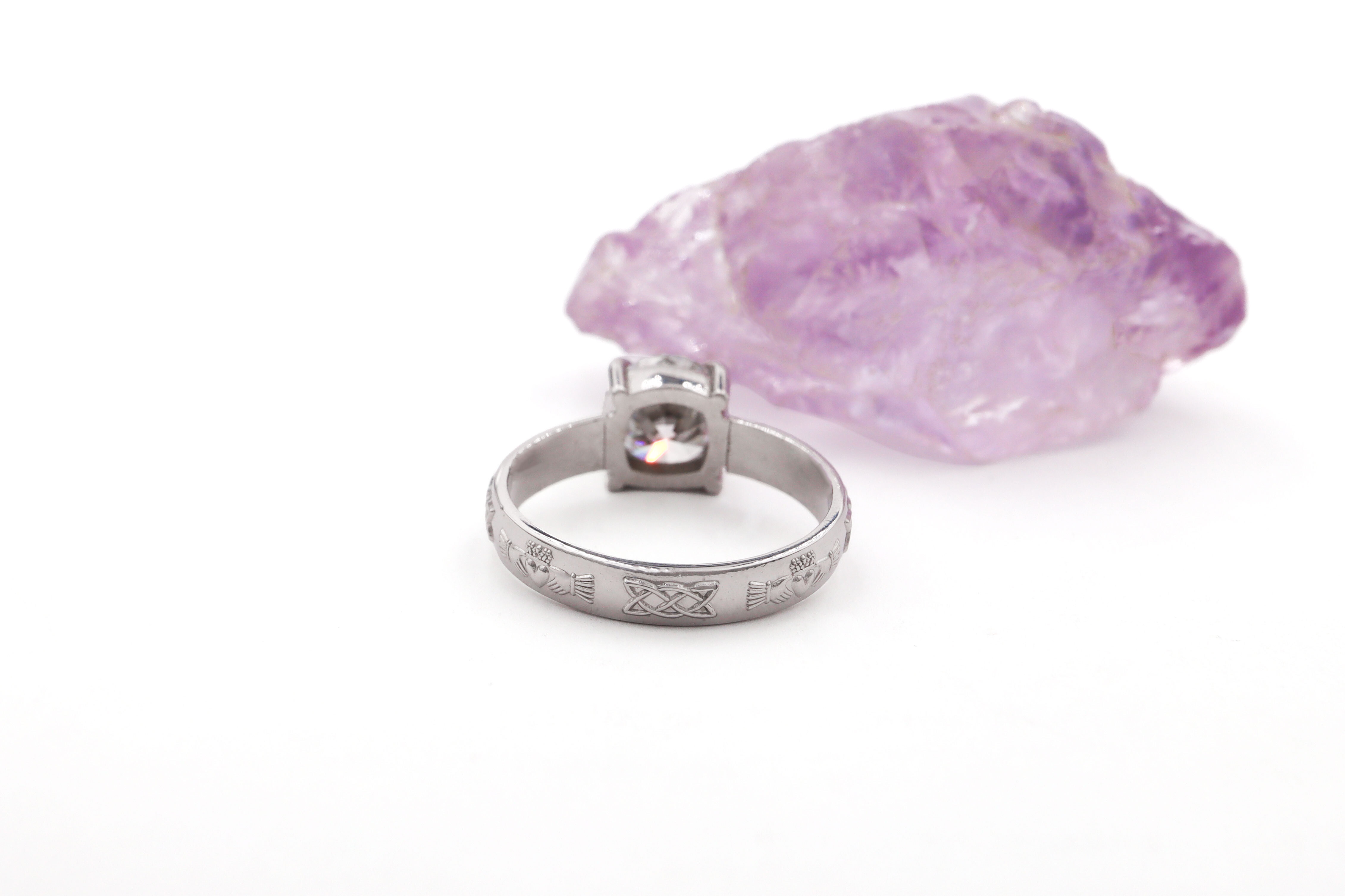 Romantic Platinum 950 Claddagh 4.0mm Ring For Women With a Polished Finish. Picture Of The Back.