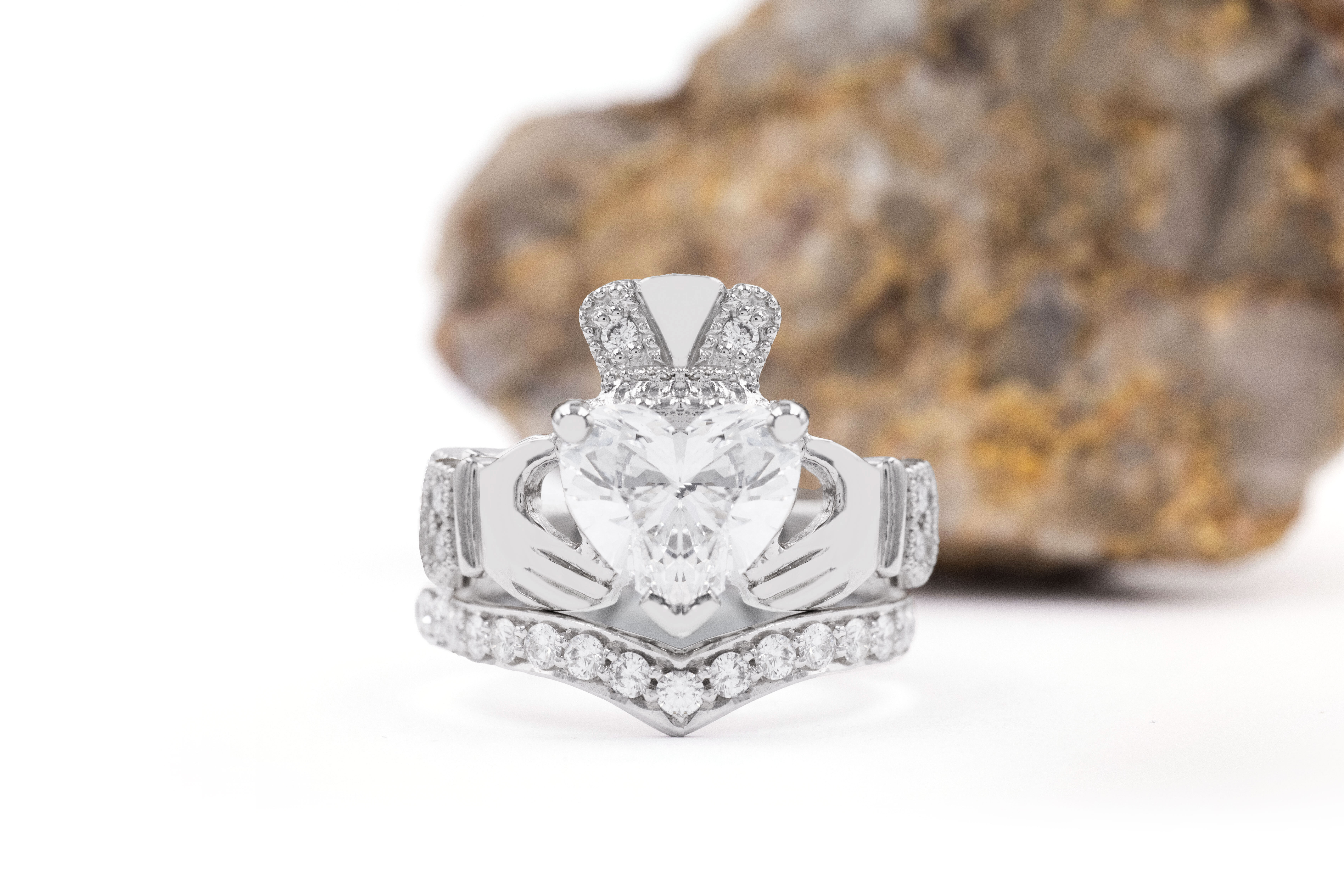 Claddagh Ring - 2ct claddagh ring shown with matching wedding band