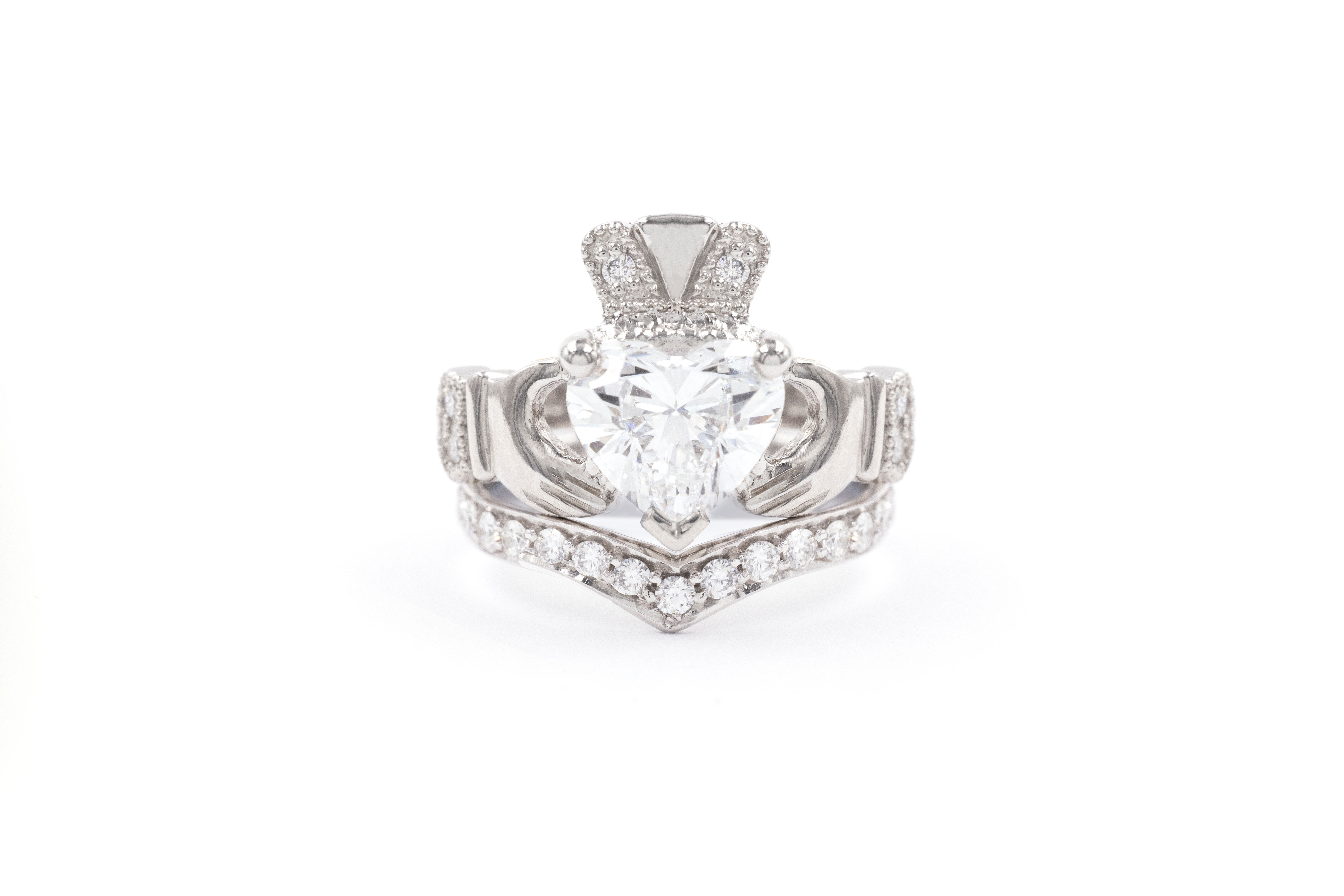 Claddagh Ring - 2ct claddagh ring shown with matching wedding band