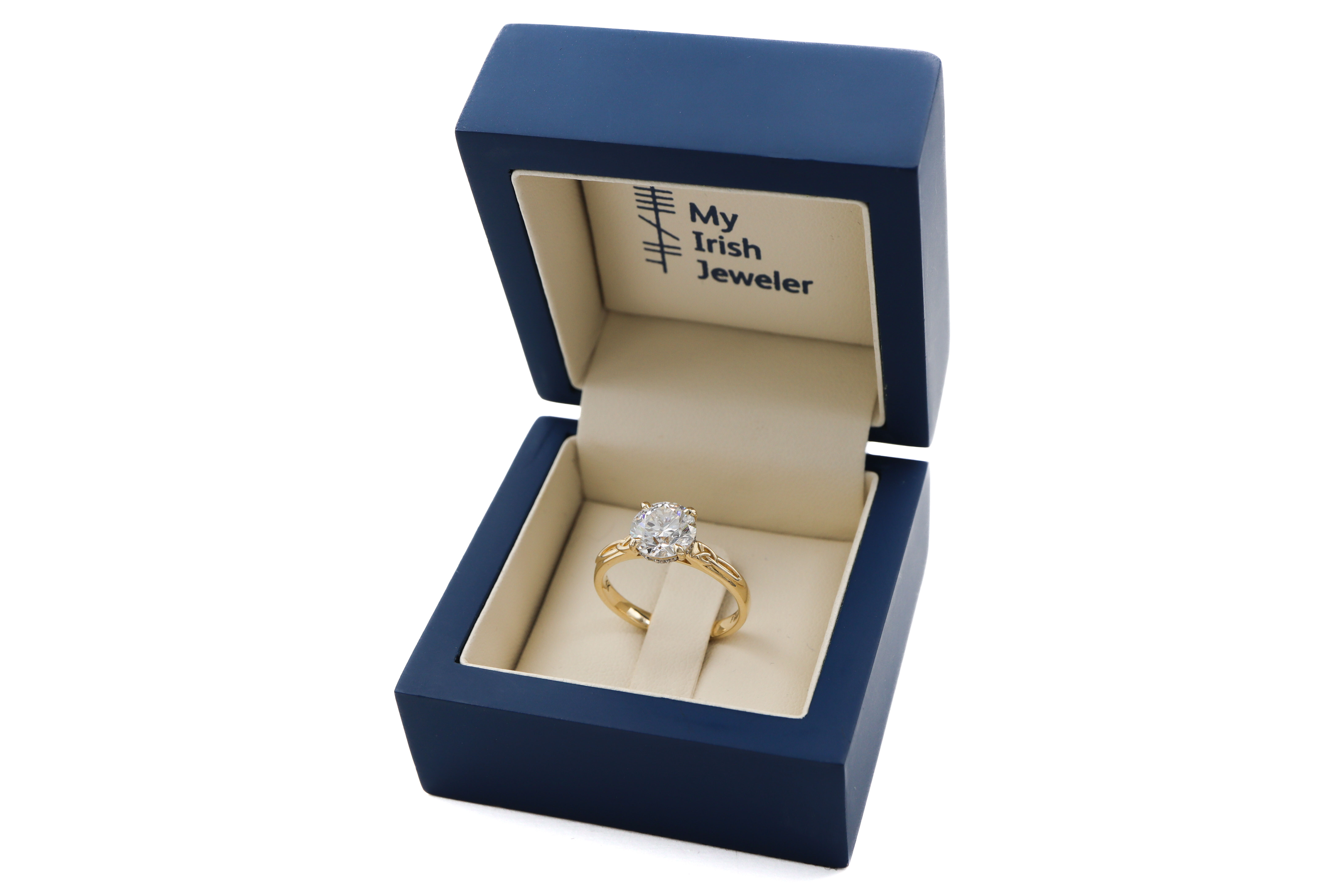 Irish Yellow Gold Trinity Knot 2.00ct Lab Grown Diamond Ring With a Polished Finish For Women. In Luxury Packaging.