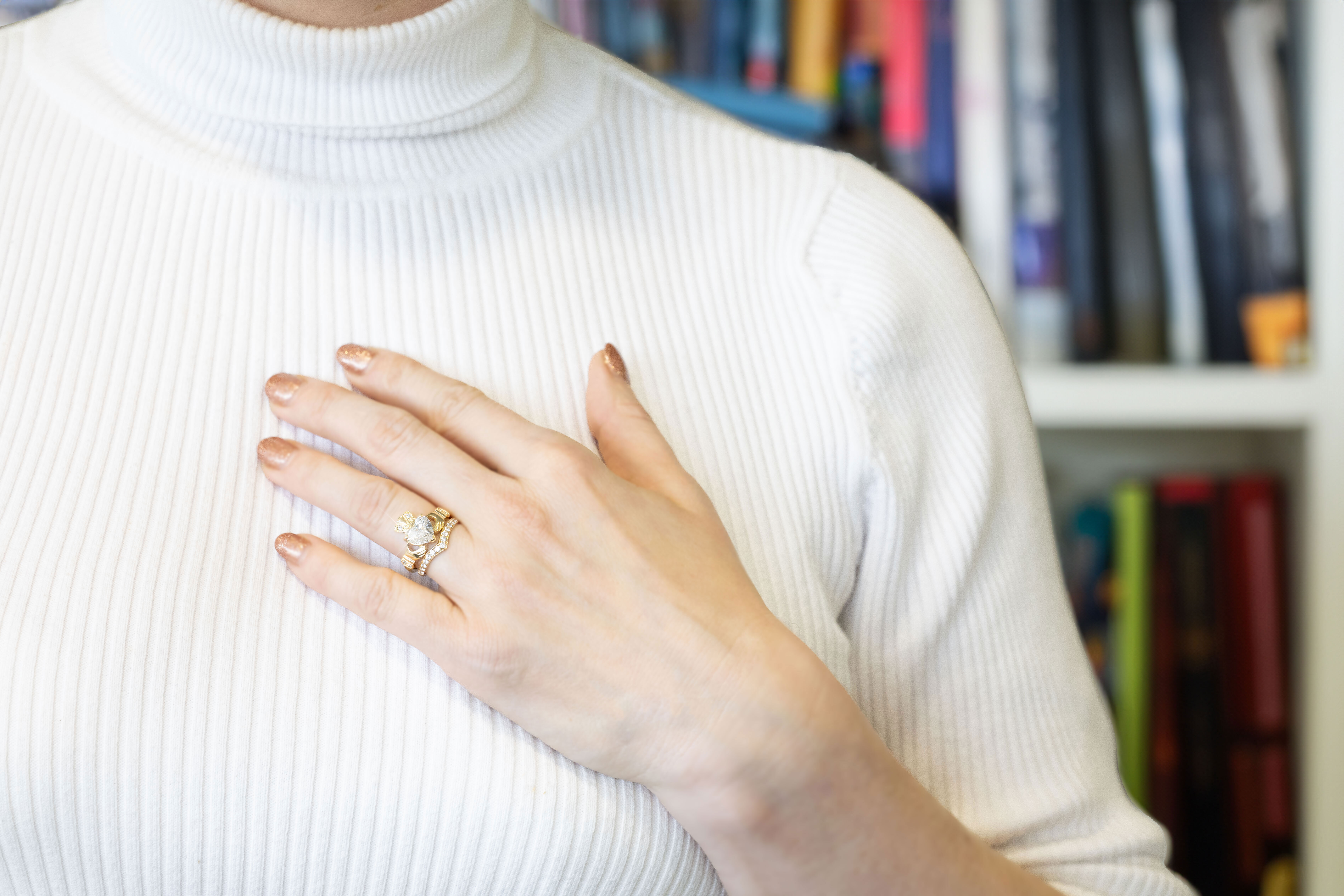 Womens Claddagh Engagement Ring in Real 18K Yellow Gold - Model Photo