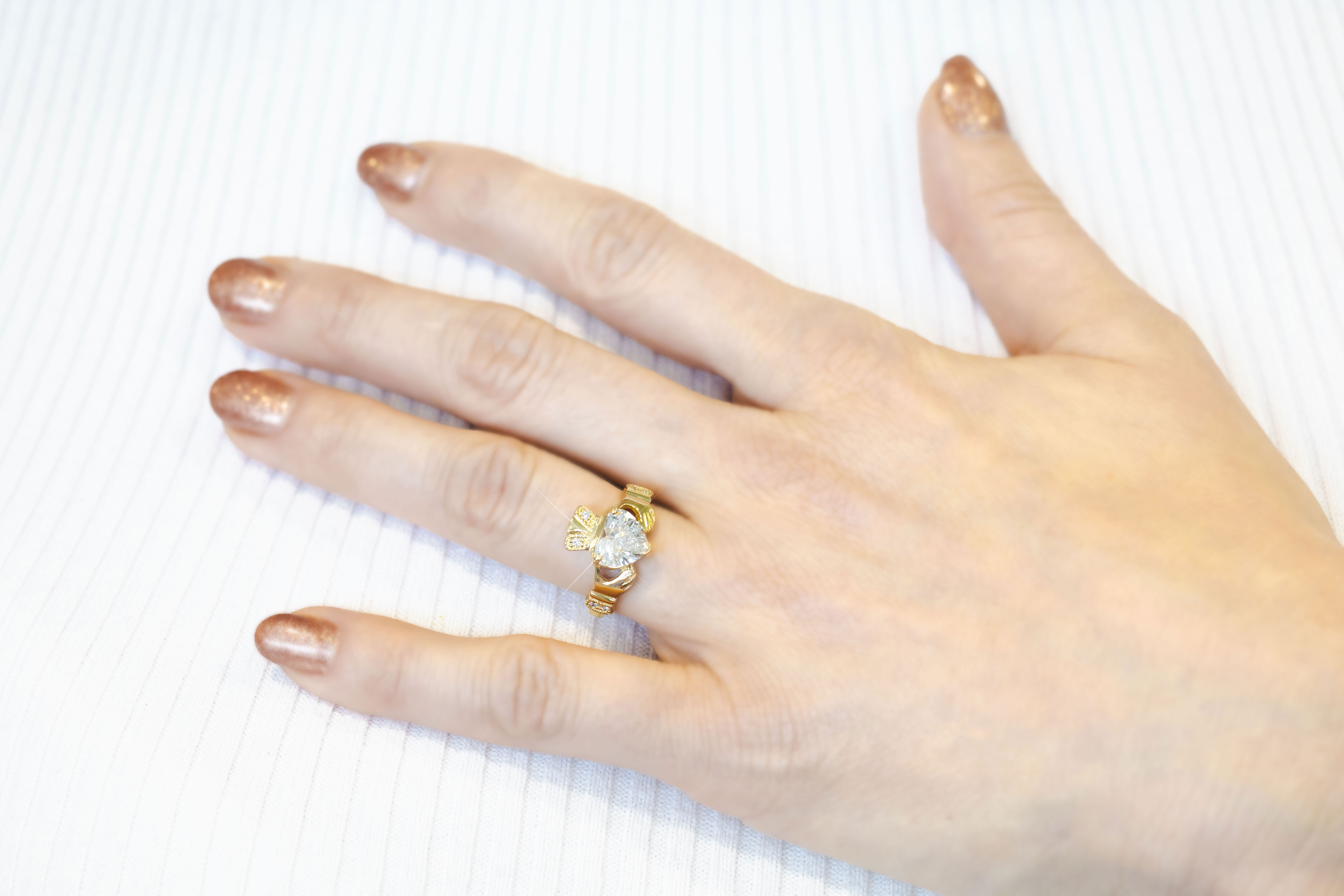 Genuine 18K Yellow Gold Claddagh Engagement Ring For Women - Model Photo