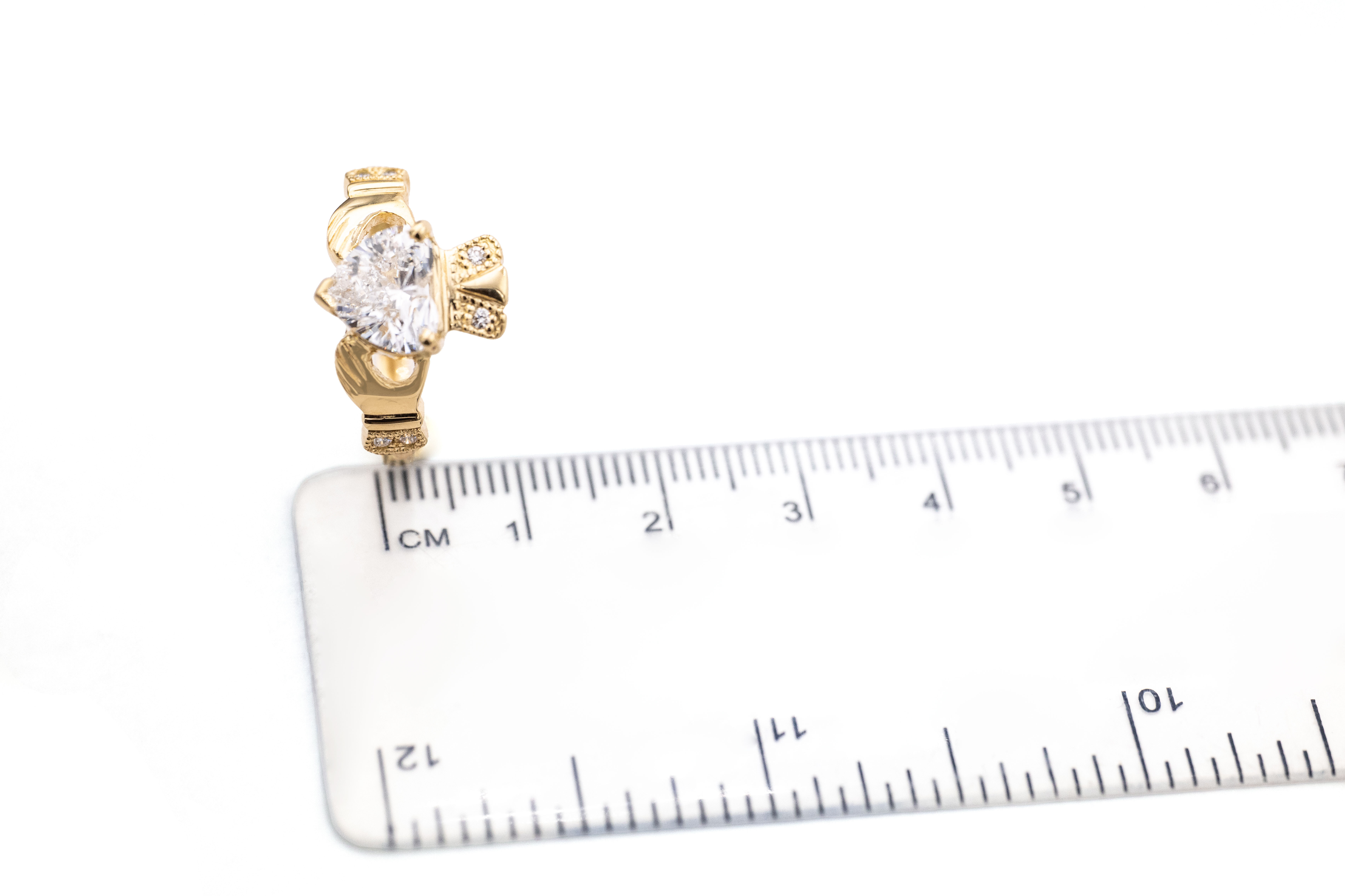 Gorgeous Yellow Gold Claddagh 2.00ct Lab Grown Diamond Engagement Ring For Women. Picture For Scale.