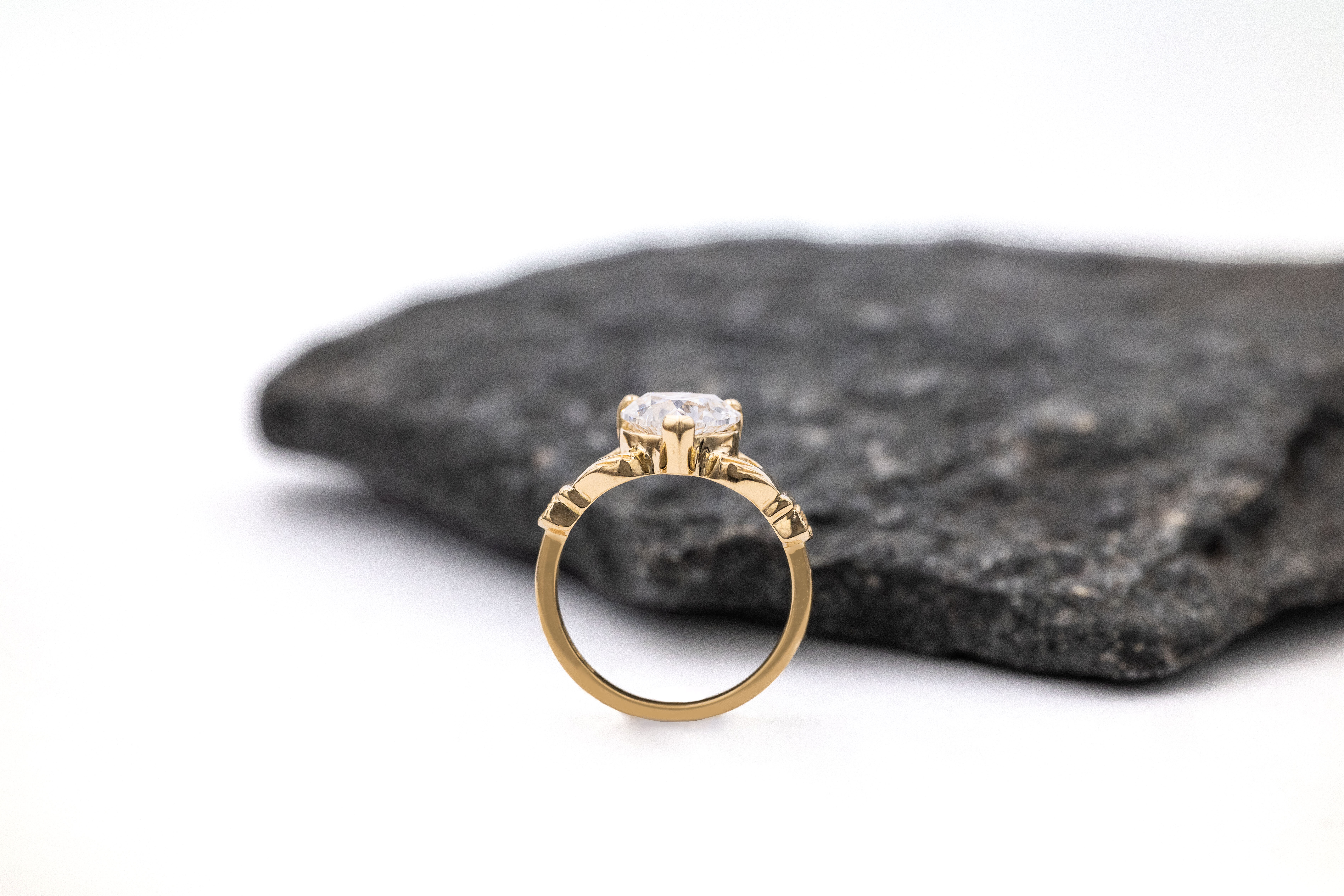 Womens Yellow Gold Claddagh Engagement Ring. Side View.