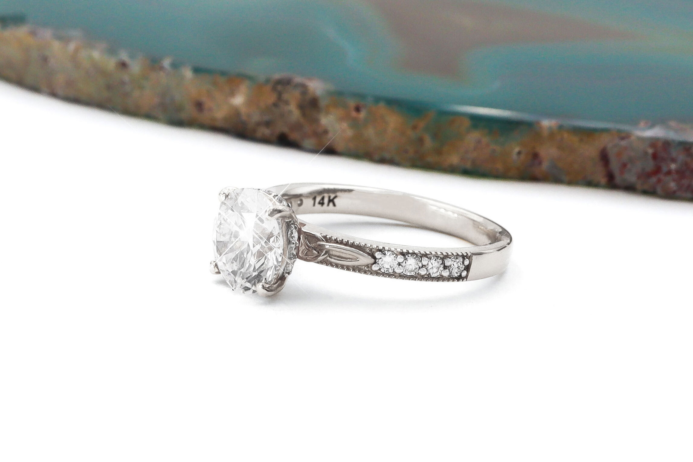 Womens Gorgeous Polished 14K White Gold Trinity Knot 2.00ct Lab Grown Diamond Engagement Ring. Side View.
