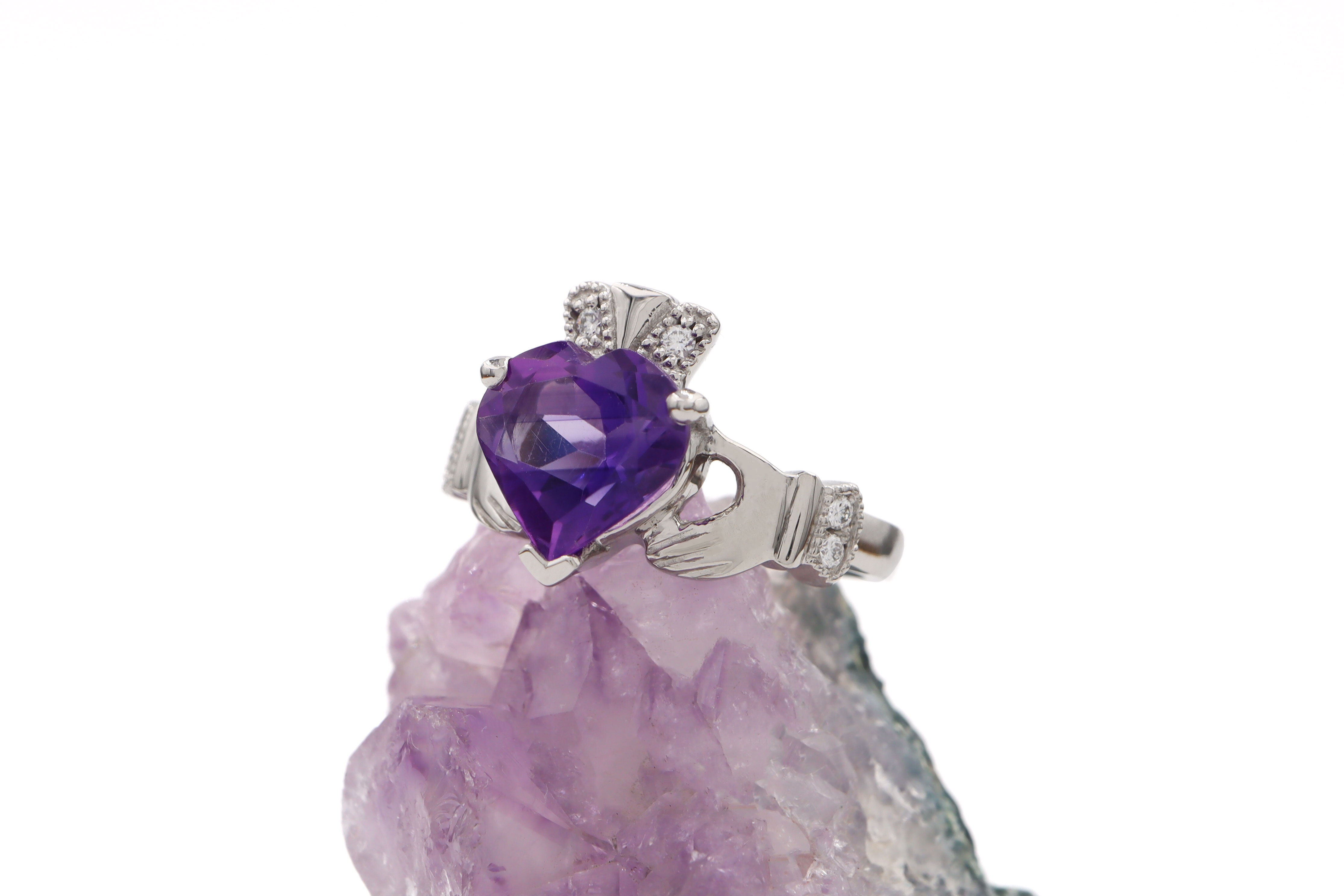 Real Platinum Claddagh Ring For Women With a Polished Finish. Side View.