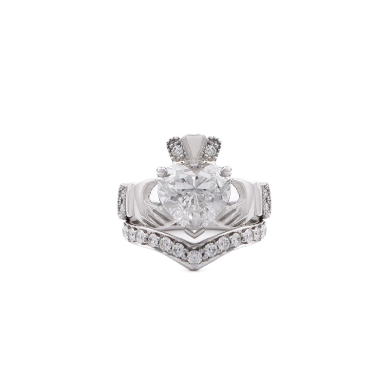Solitaire Irish Celtic Claddagh Ring With Heart Moissanite & CZ - 14k Gold Over Sterling Silver