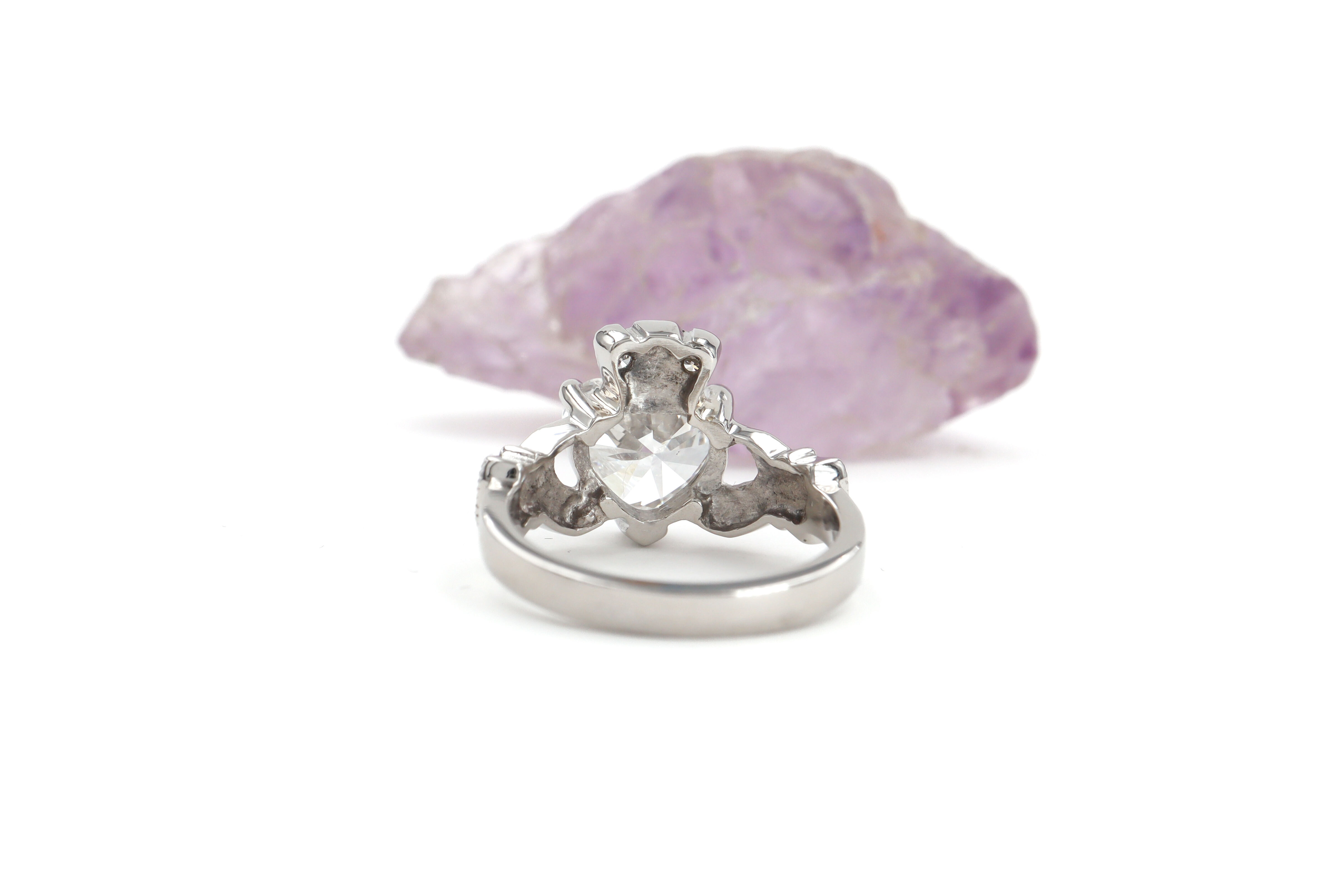 Luxurious 18K White Gold Claddagh Ring For Women. Picture Of The Back.