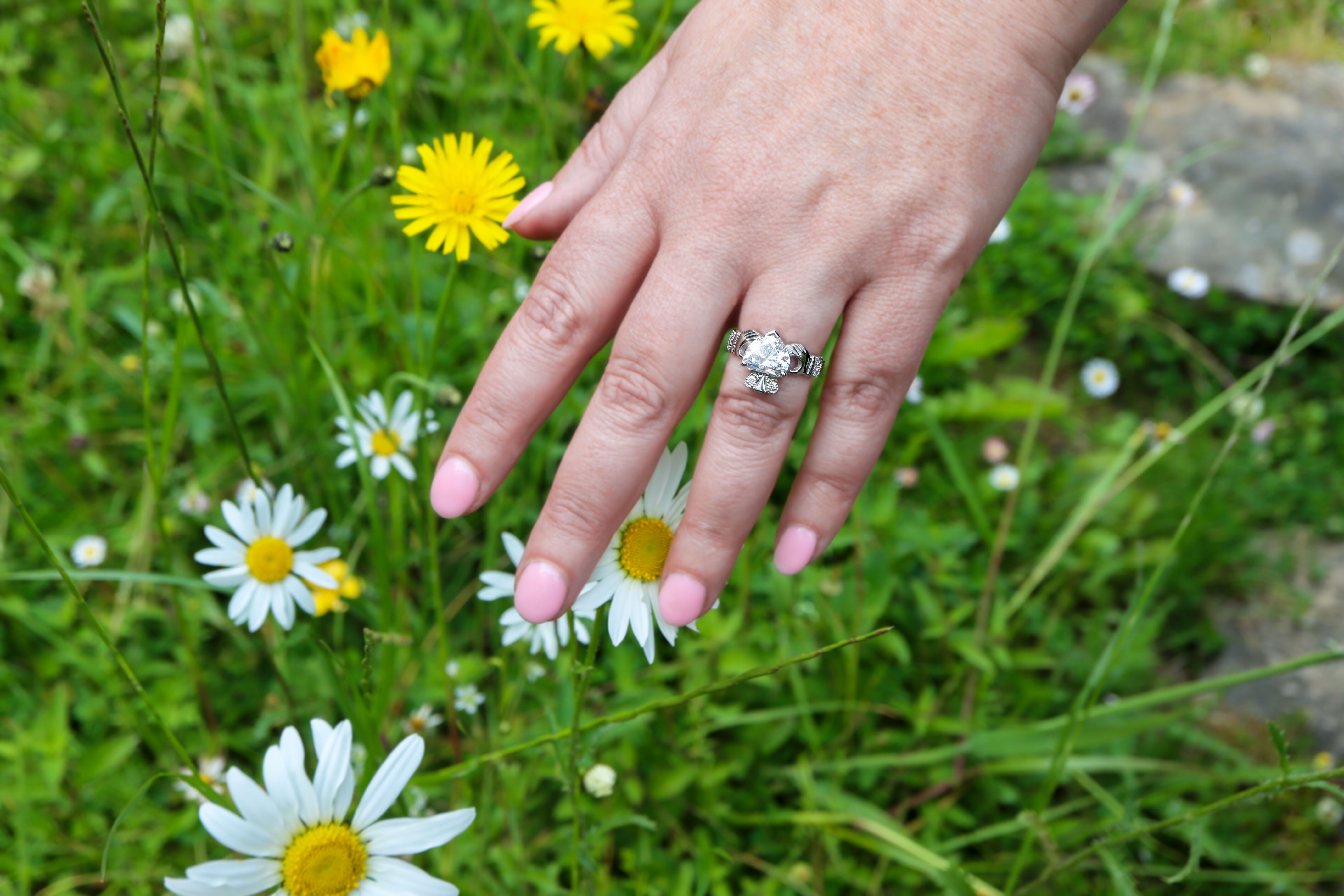 Womens Claddagh Engagement Ring in Real White Gold - Model Photo