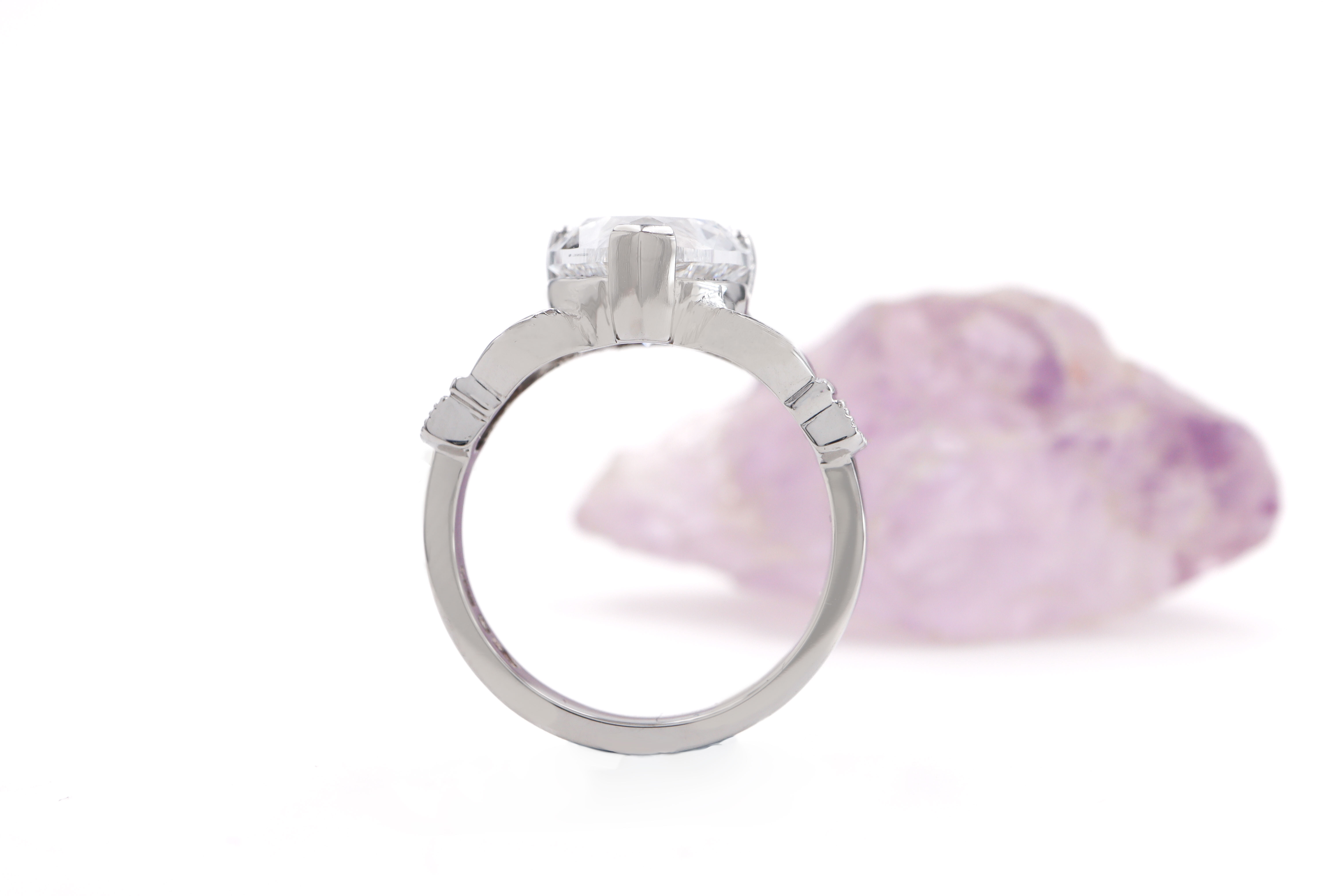 Attractive White Gold Claddagh 3.00ct Lab Grown Diamond Engagement Ring For Women With a Polished Finish. Side View.