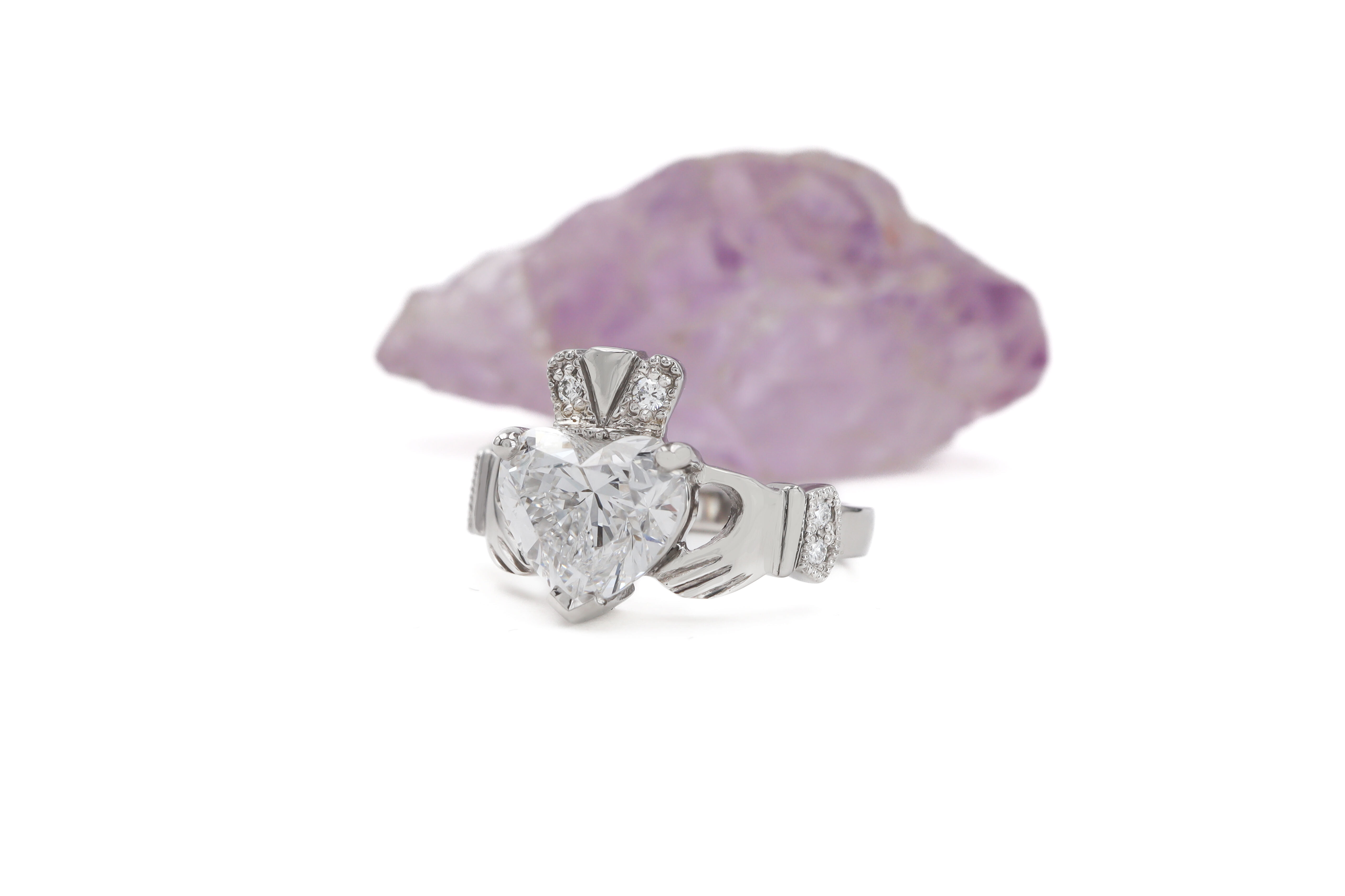 Genuine White Gold Claddagh 2.0mm Ring For Women. Side View.