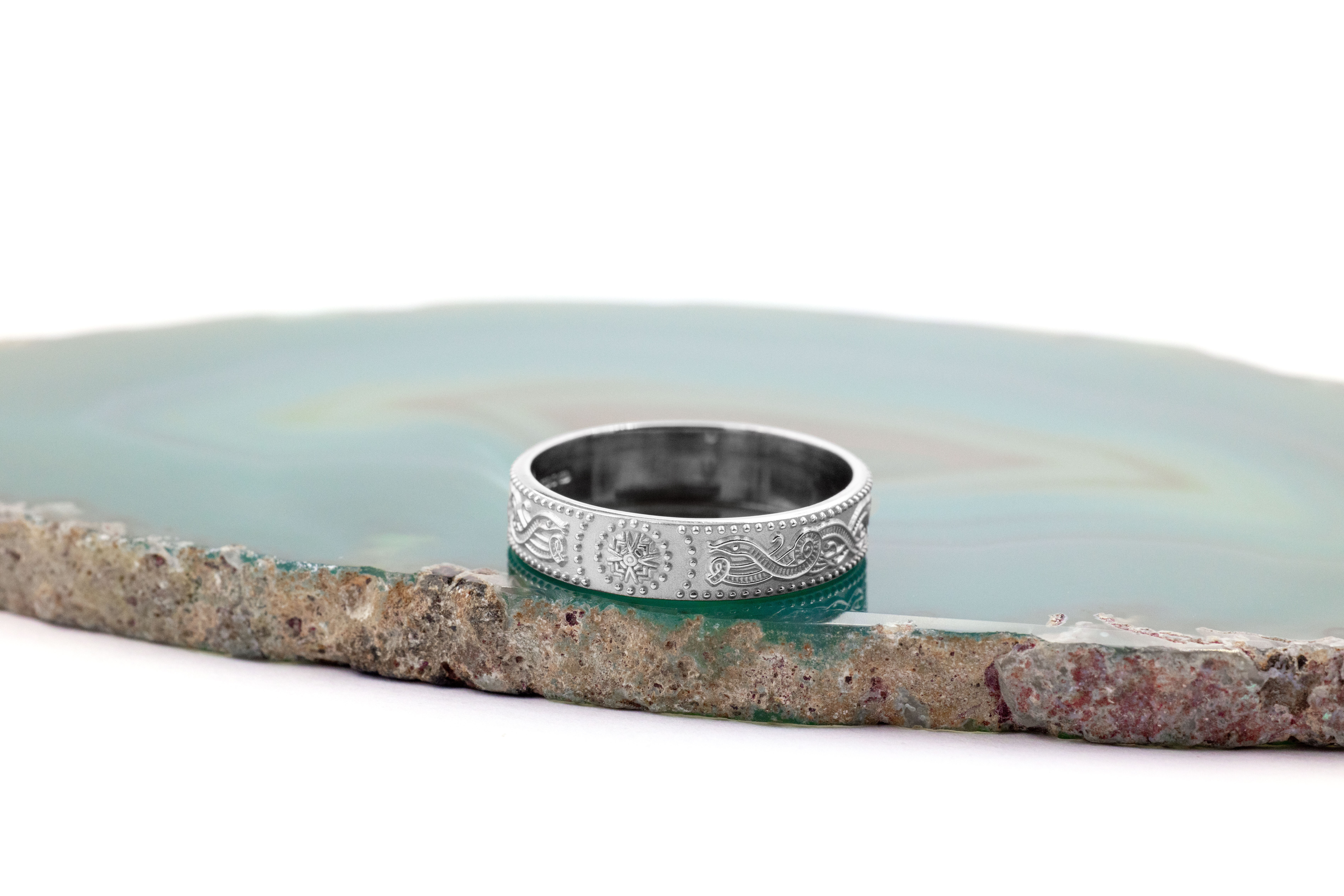 Authentic 14K White Gold Celtic Warrior & Celtic Knot 3.0mm Ring For Women With a Florentine Finish