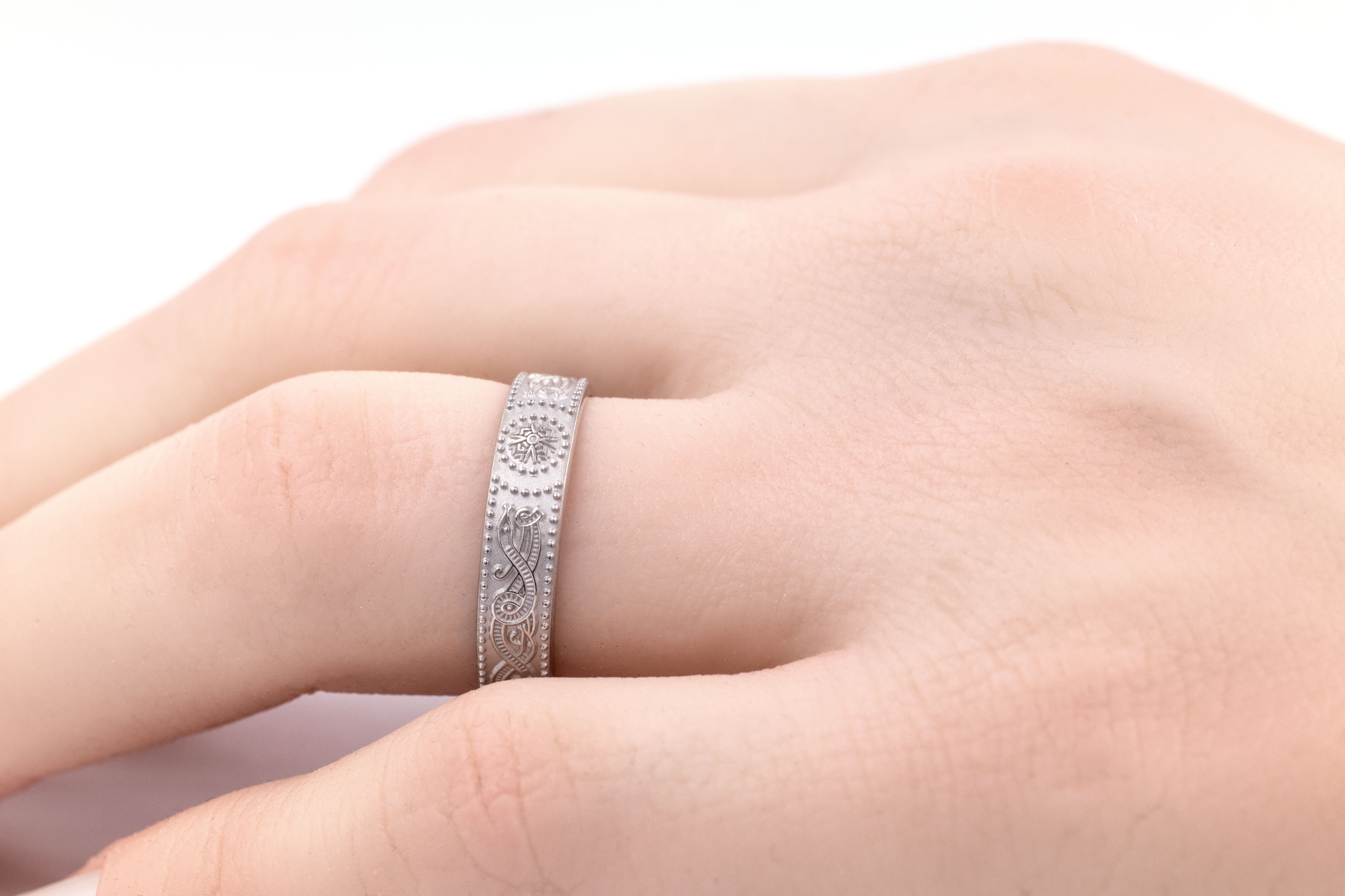Authentic 10K White Gold Celtic Warrior & Celtic Knot 3.0mm Ring For Women With a Florentine Finish - Model Photo