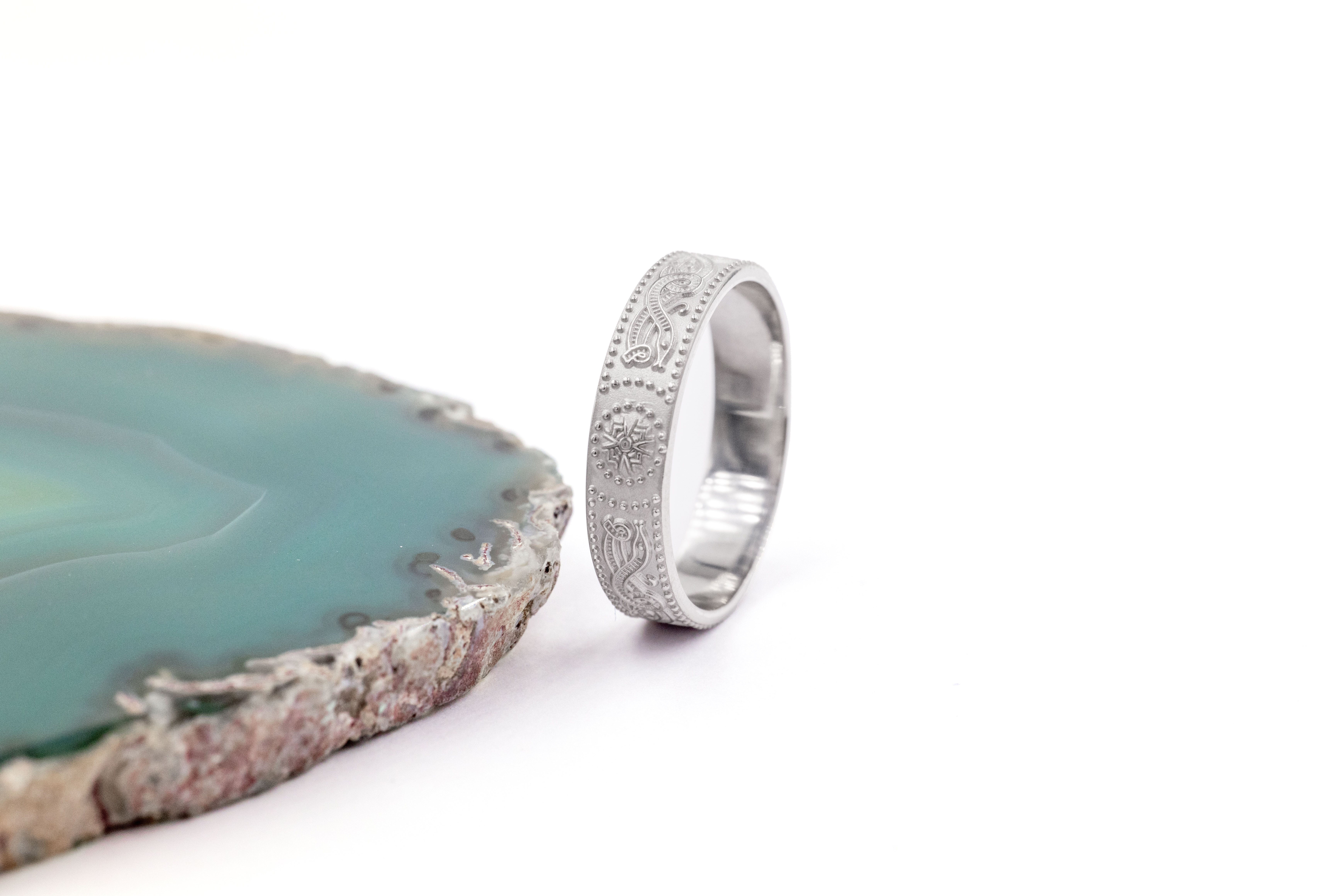 Authentic White Gold Celtic Warrior & Celtic Knot 9.0mm Ring For Women With a Florentine Finish. Side View.