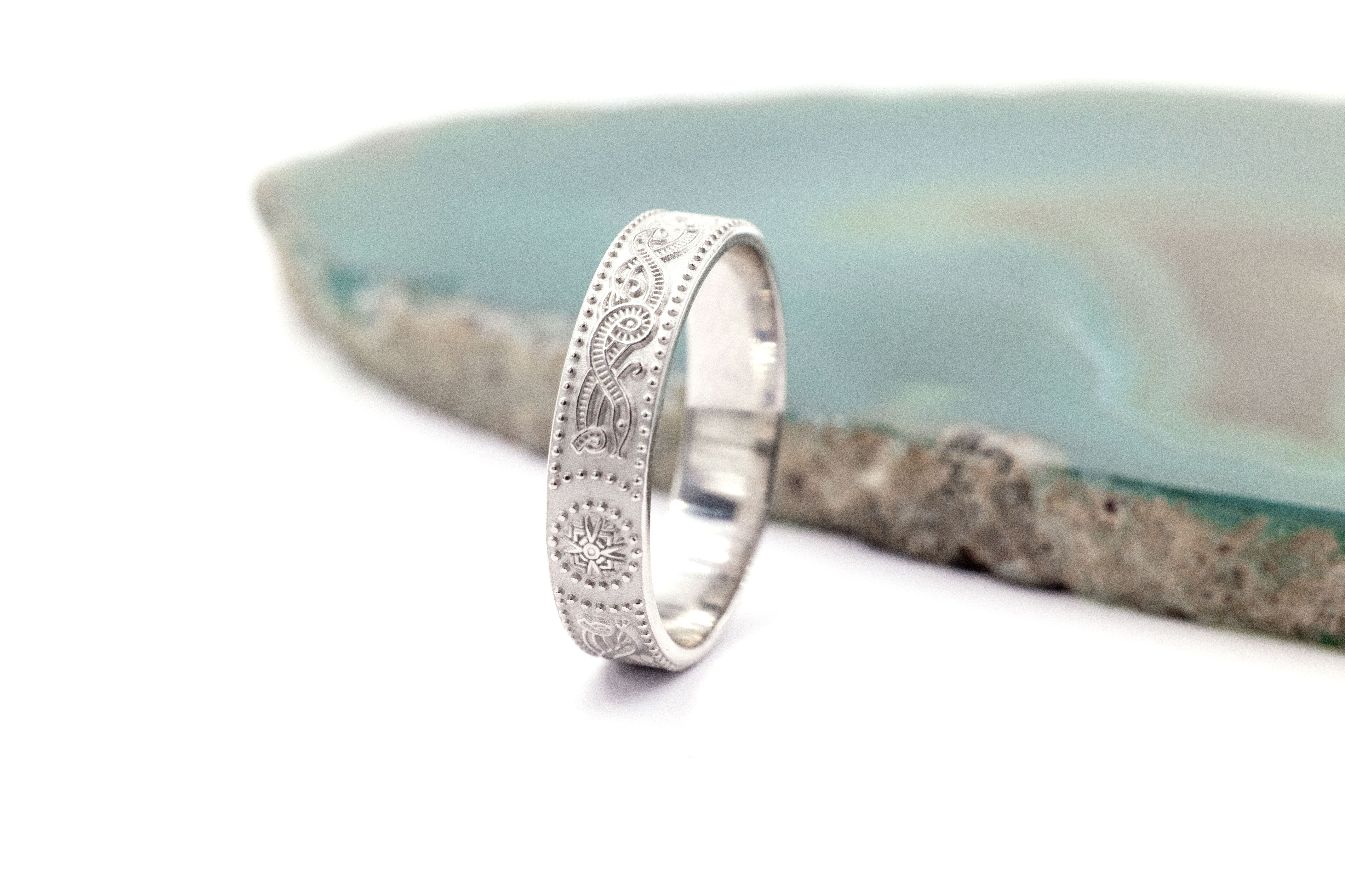 Real 14K White Gold Celtic Warrior 3.0mm Ring For Women With a Florentine Finish. Side View.