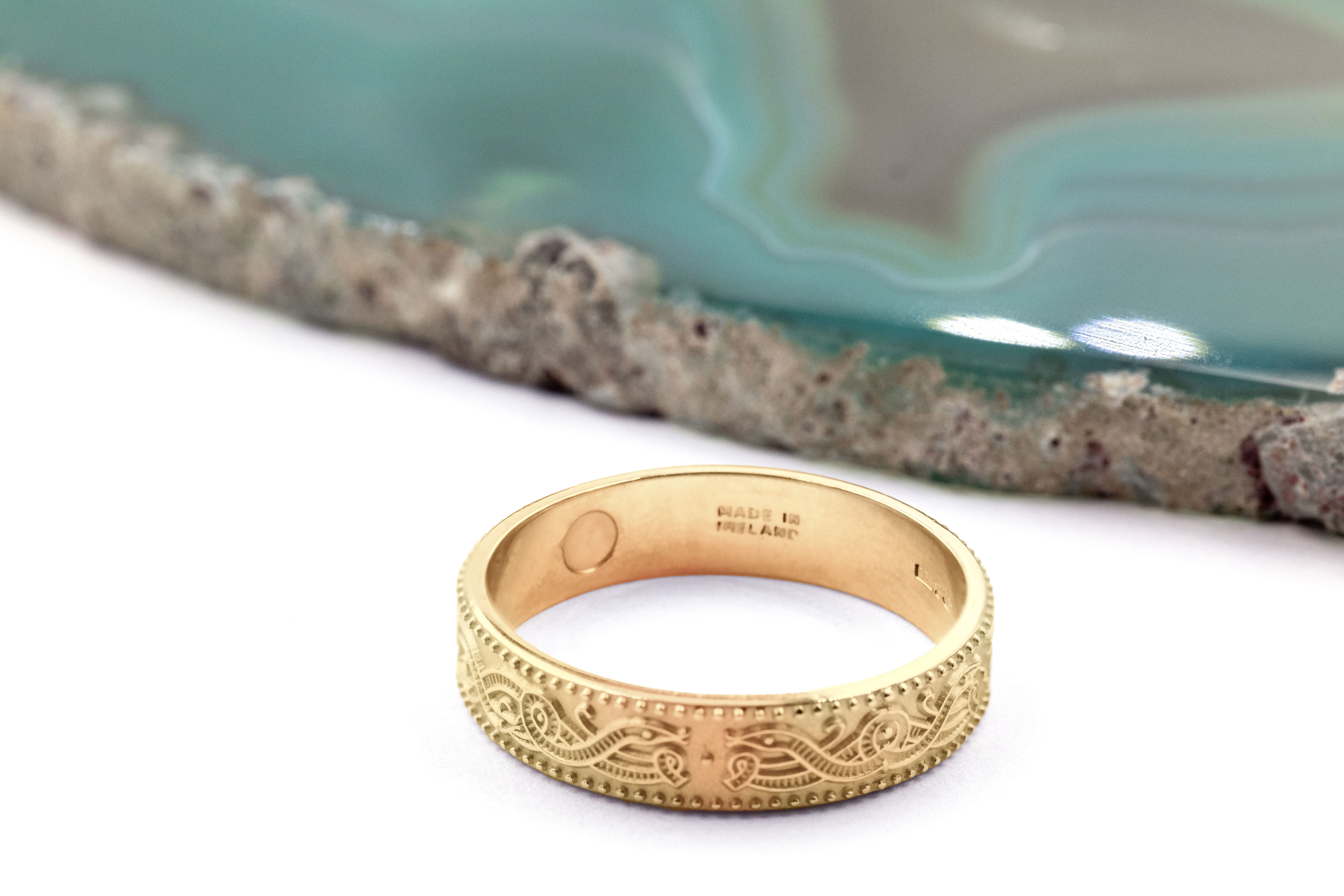 Gorgeous 14K Yellow Gold Celtic Warrior & Celtic Knot 6.0mm Ring With a Florentine Finish For Women. Picture Of The Back.