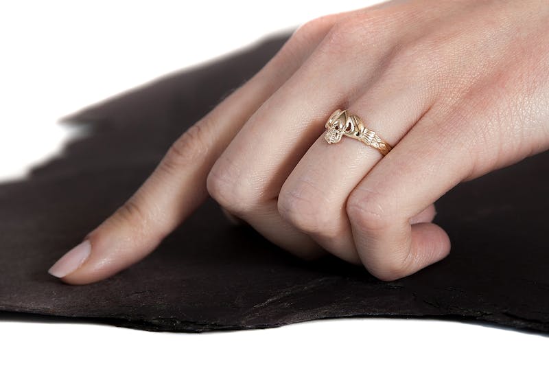 Petite Romantic 10K Yellow Gold Claddagh Ring For Women - Model Photo
