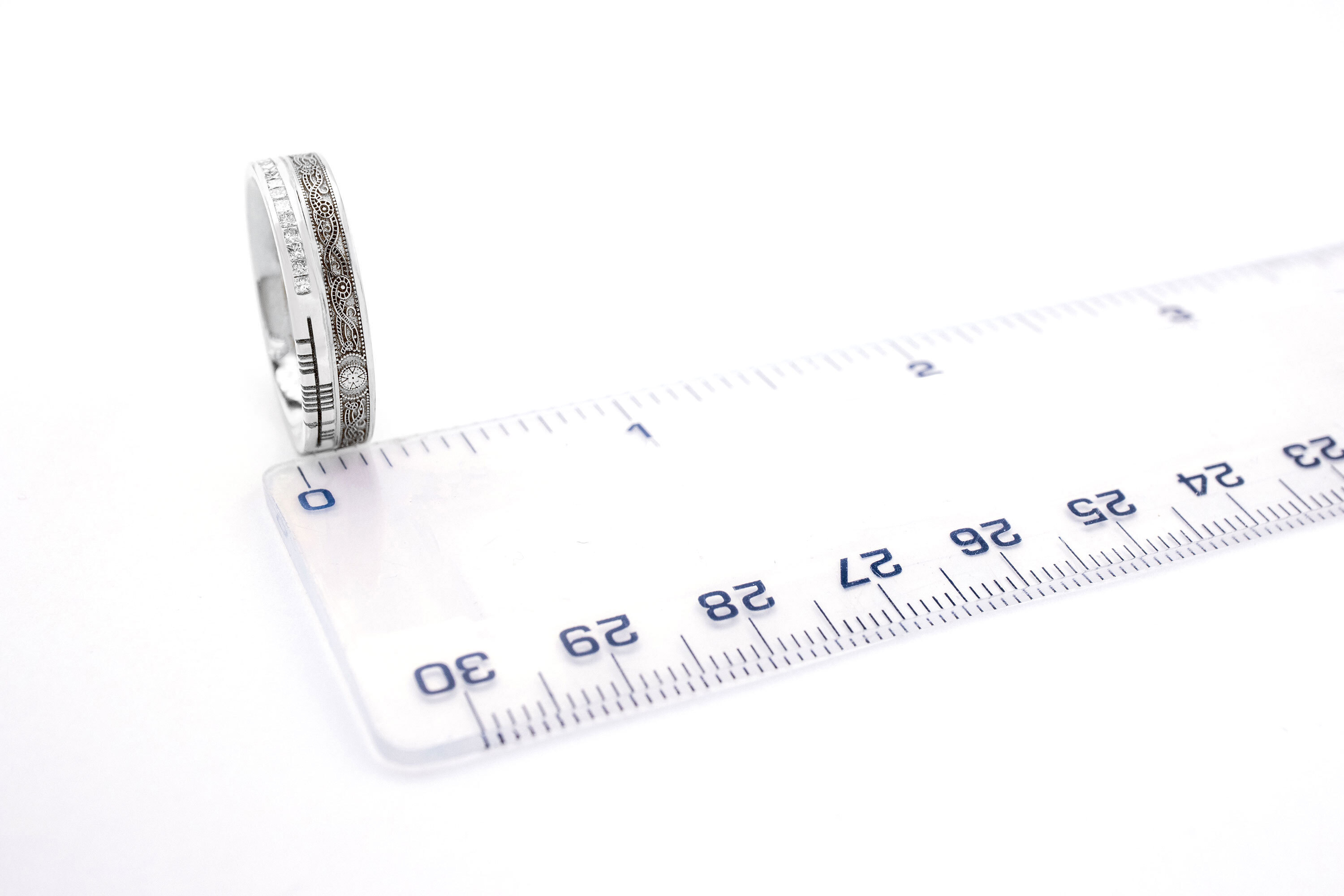 Irish 14K White Gold Celtic Warrior & Ogham Wedding Ring For Women. Picture For Scale.