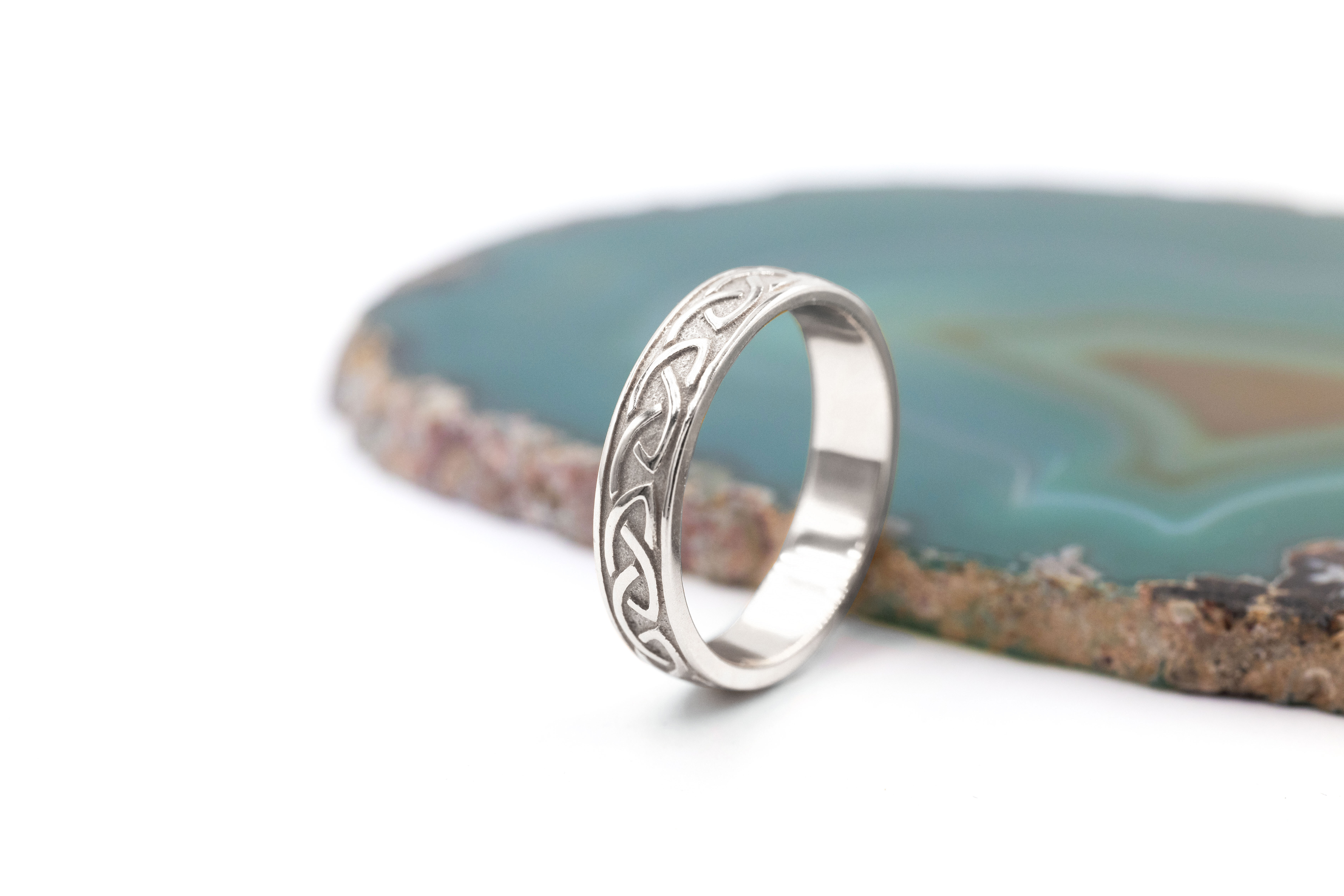 Attractive Sterling Silver Celtic Knot 3.8mm Ring For Men. Side View.