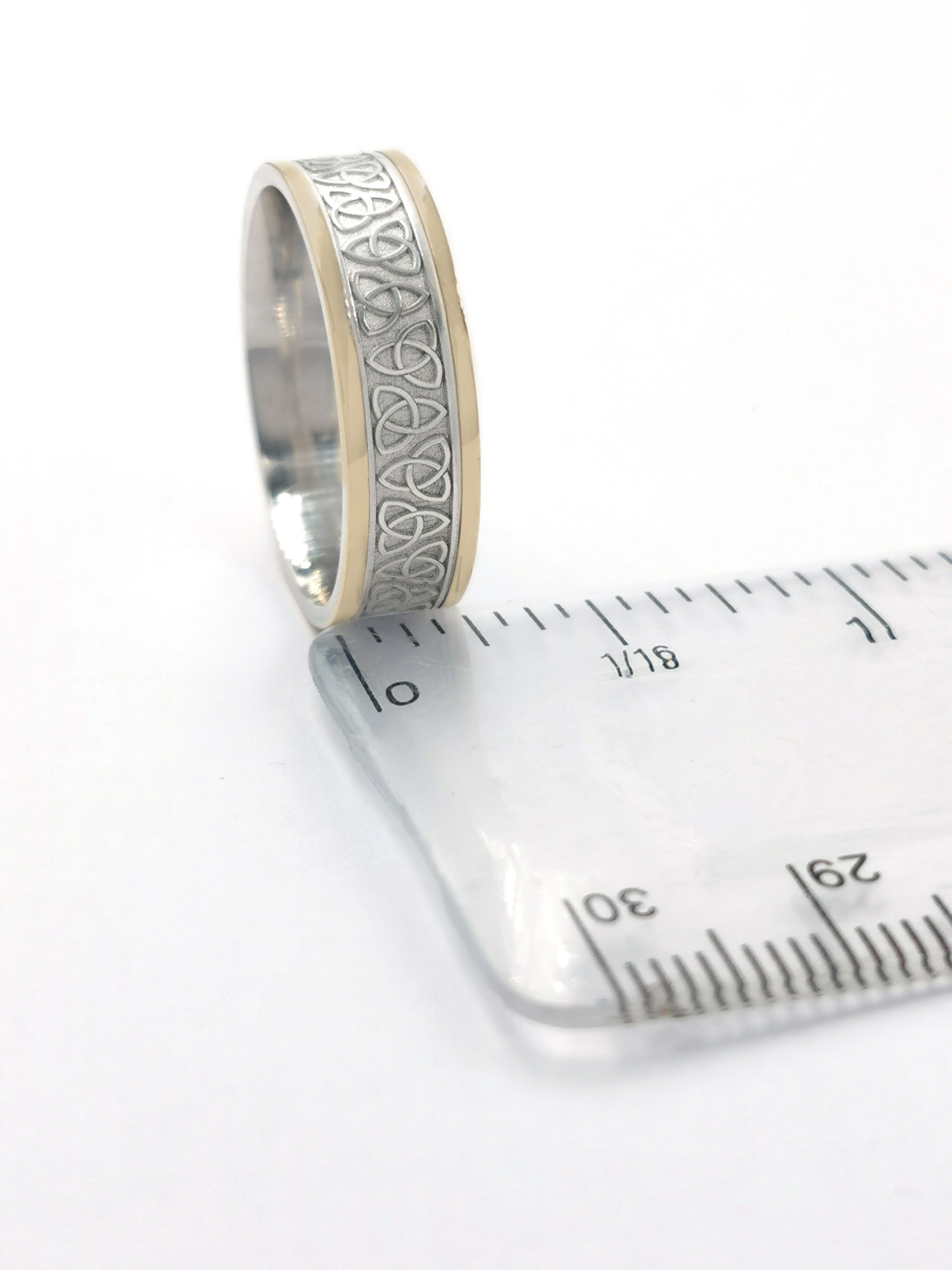 Attractive 14K White Gold & Yellow Gold Trinity Knot Wedding Ring For Men. Picture For Scale.