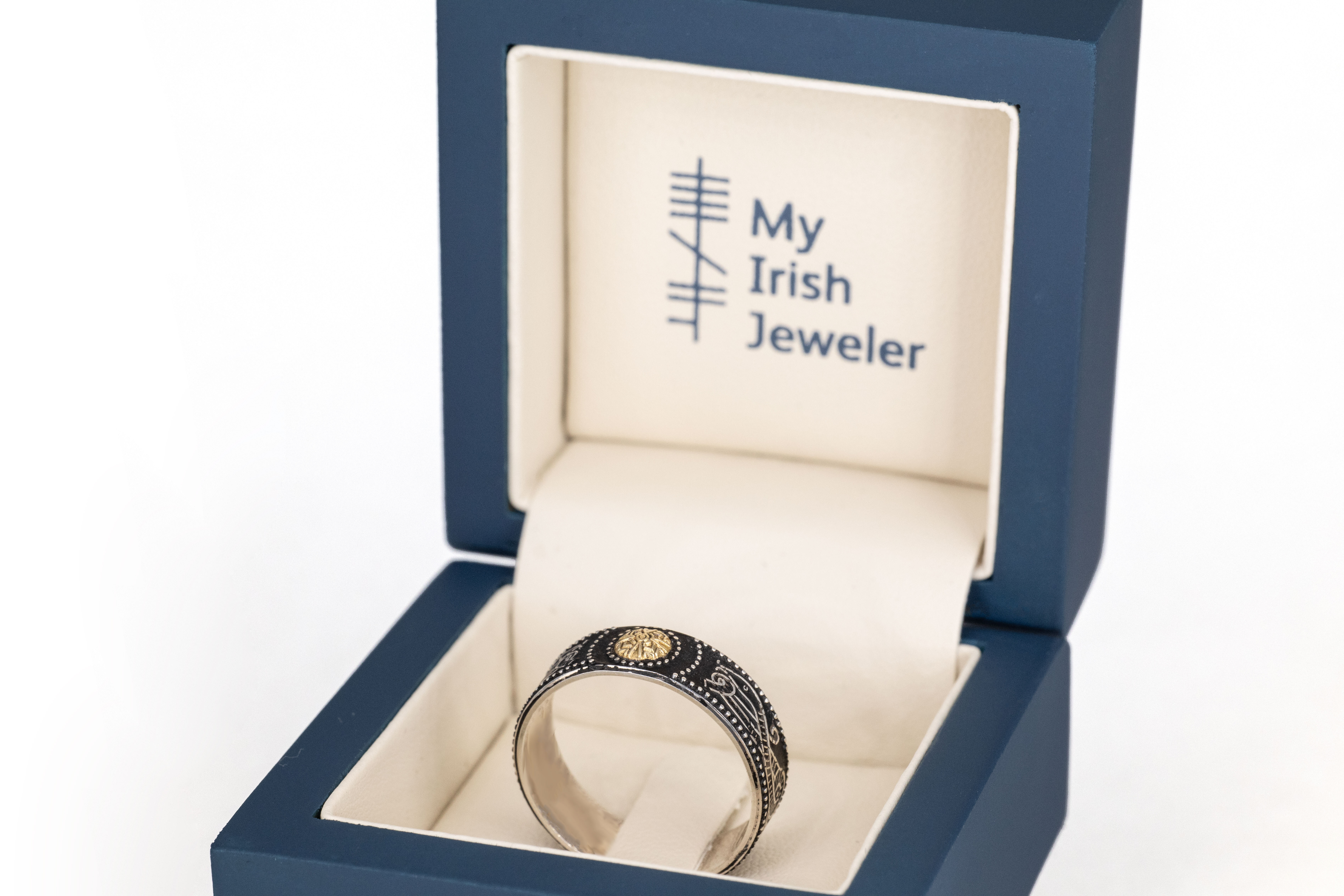 Authentic Sterling Silver & Yellow Gold Celtic Warrior Wedding Ring With a Oxidized Finish. In Luxury Packaging.
