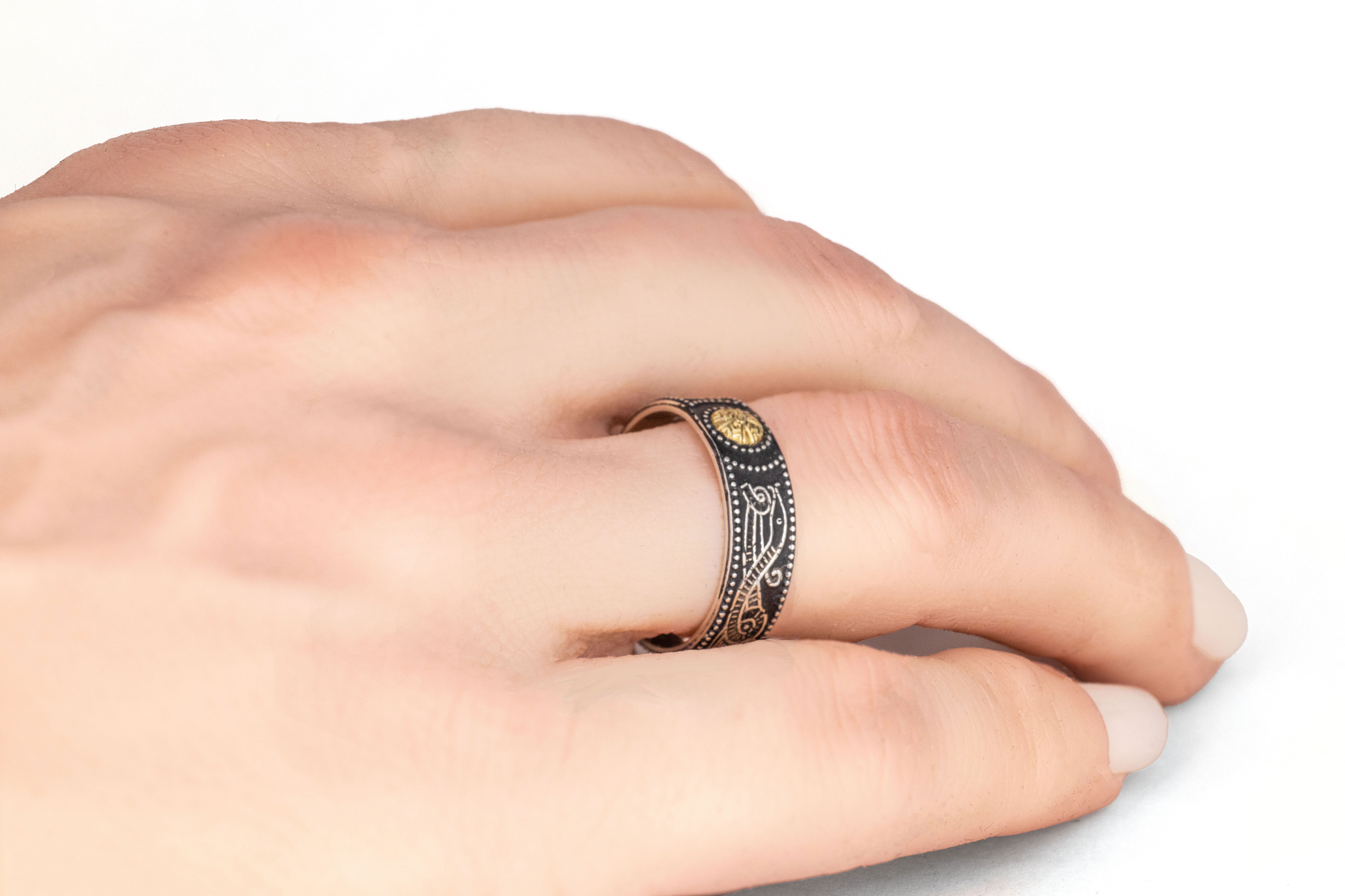 Gorgeous Sterling Silver & Yellow Gold Celtic Warrior Ring With a Oxidized Finish - Model Photo