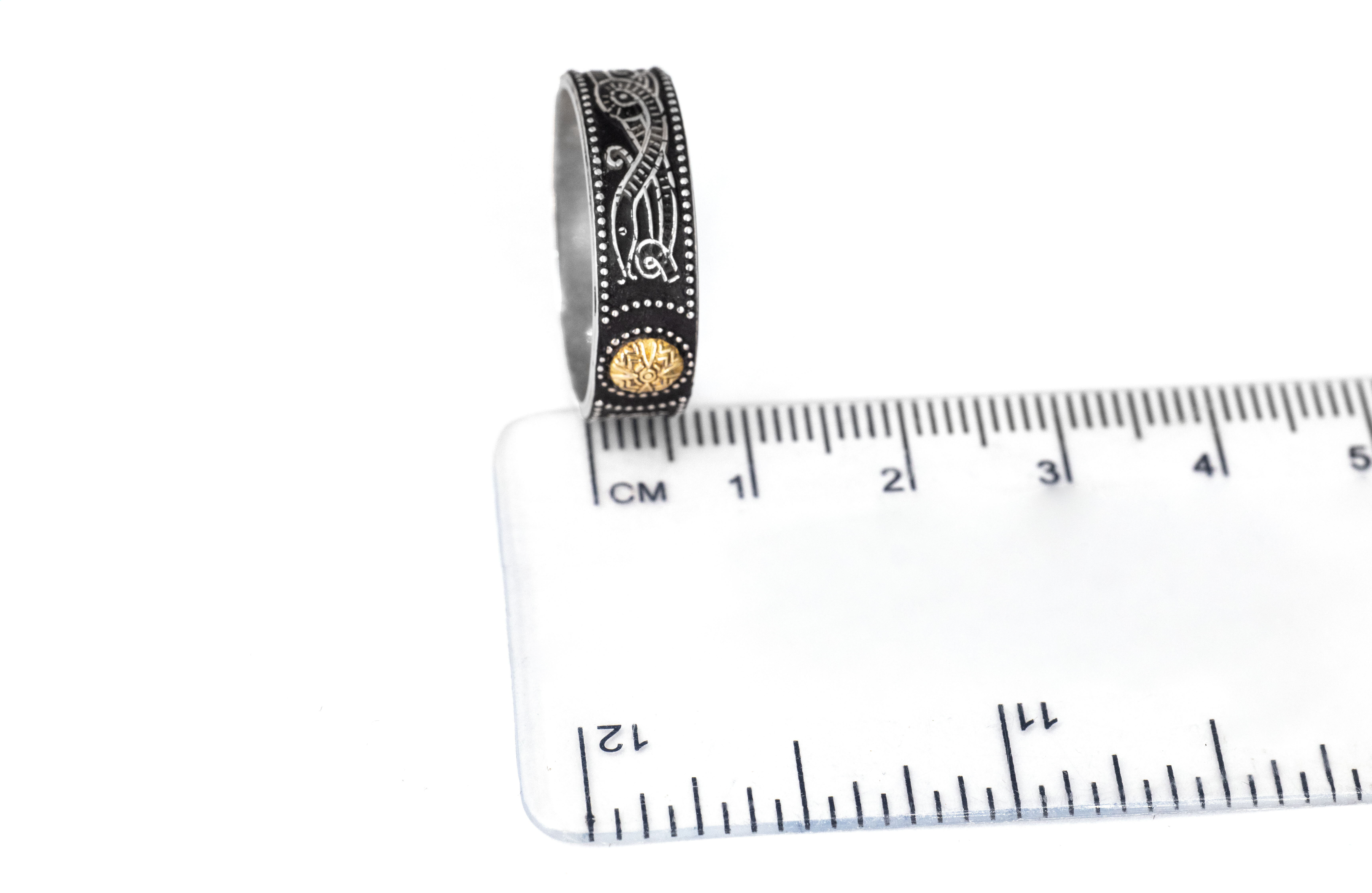 Real Sterling Silver & Yellow Gold Celtic Warrior 6.0mm Ring With a Oxidized Finish. Picture For Scale.