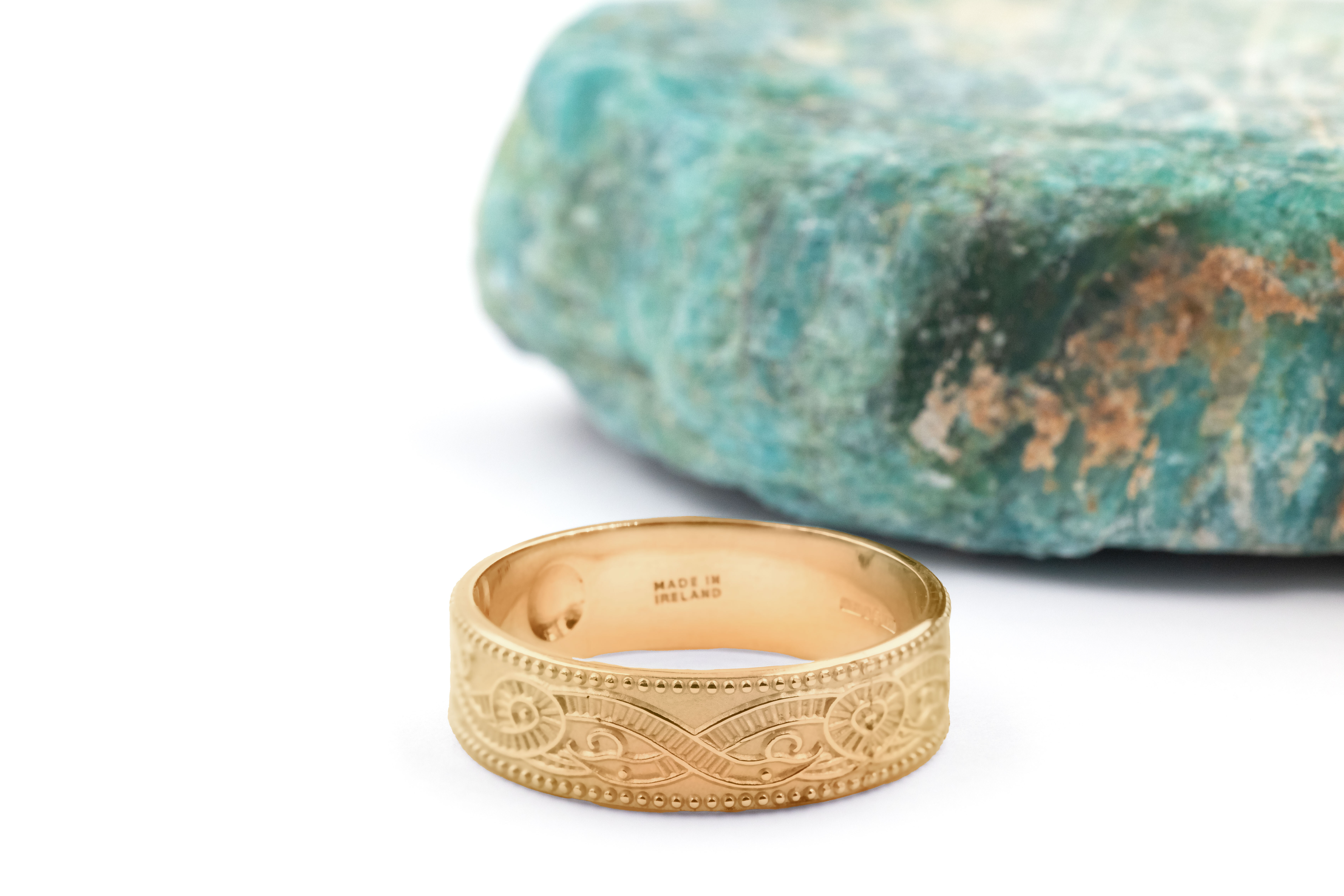Real 14K Yellow Gold Celtic Warrior & Celtic Knot 6.0mm Ring With a Florentine Finish For Men. Picture Of The Back.