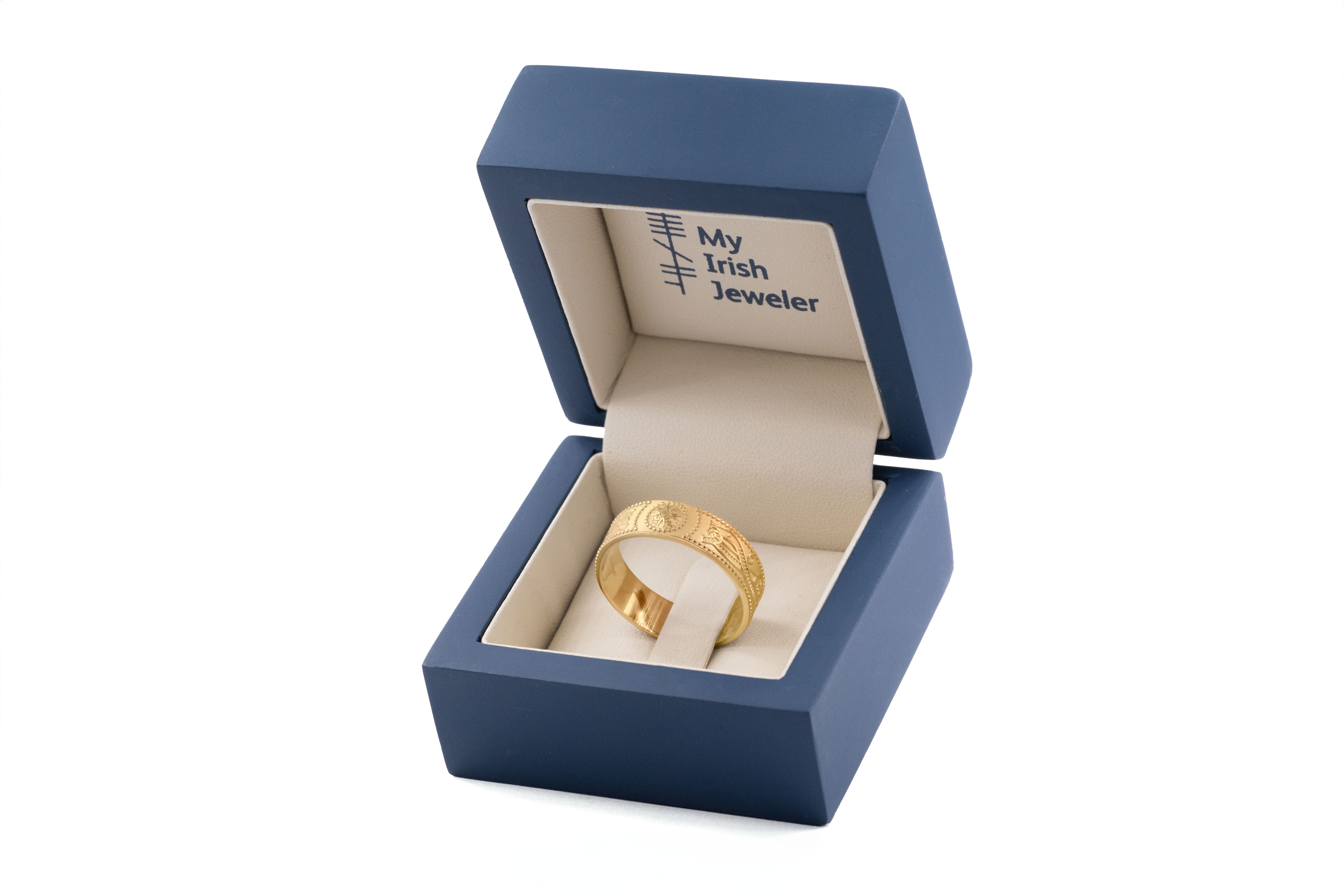 Mens Celtic Warrior 3.0mm Ring in 14K Yellow Gold With a Florentine Finish. In Luxury Packaging.