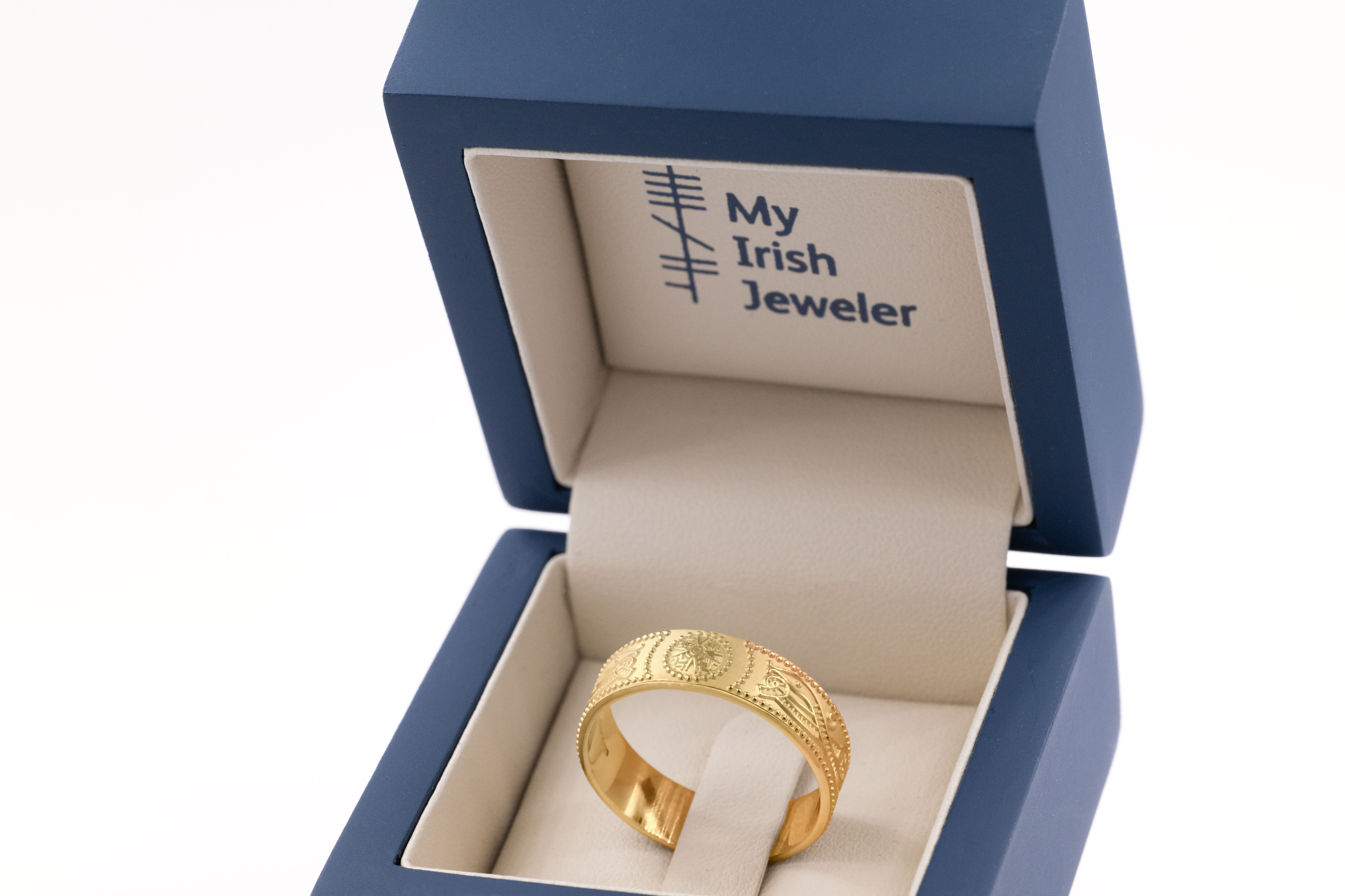 Mens Celtic Warrior 4.5mm Ring in Yellow Gold With a Florentine Finish. In Luxury Packaging.