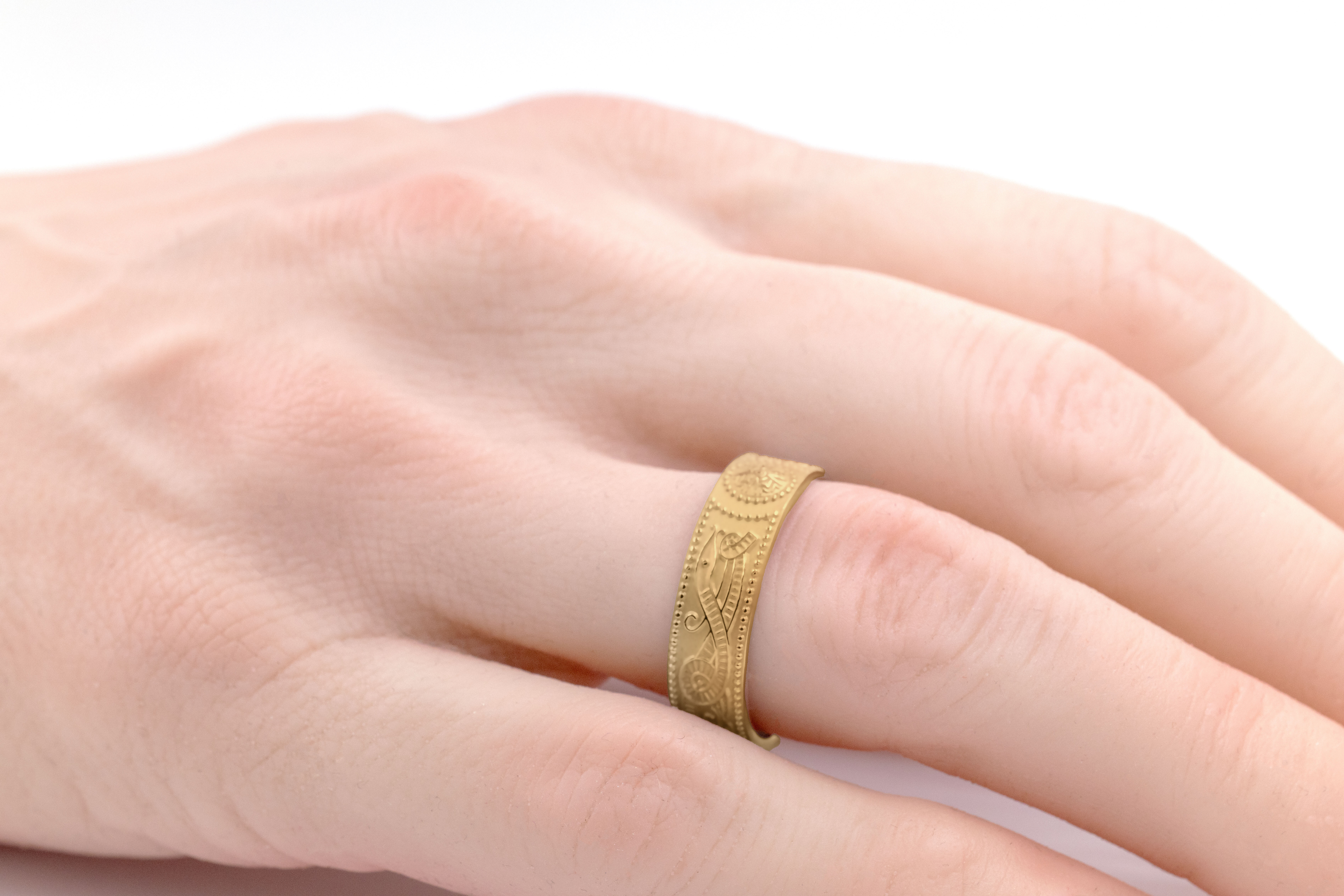 Irish 10K Yellow Gold Celtic Warrior & Celtic Knot 6.0mm Ring With a Florentine Finish For Men - Model Photo