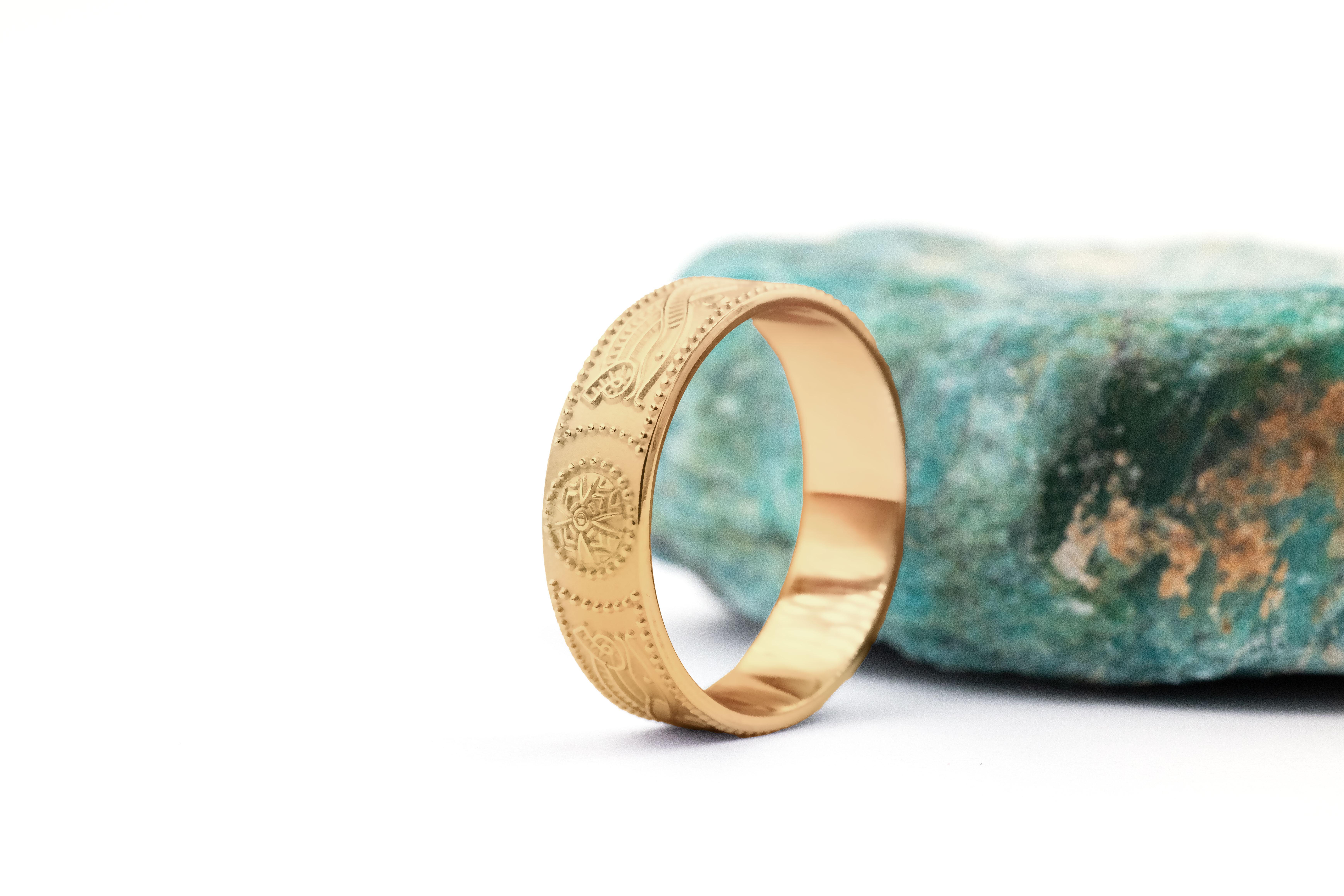 Real Yellow Gold Celtic Warrior & Celtic Knot 6.0mm Ring For Men With a Florentine Finish. Side View.