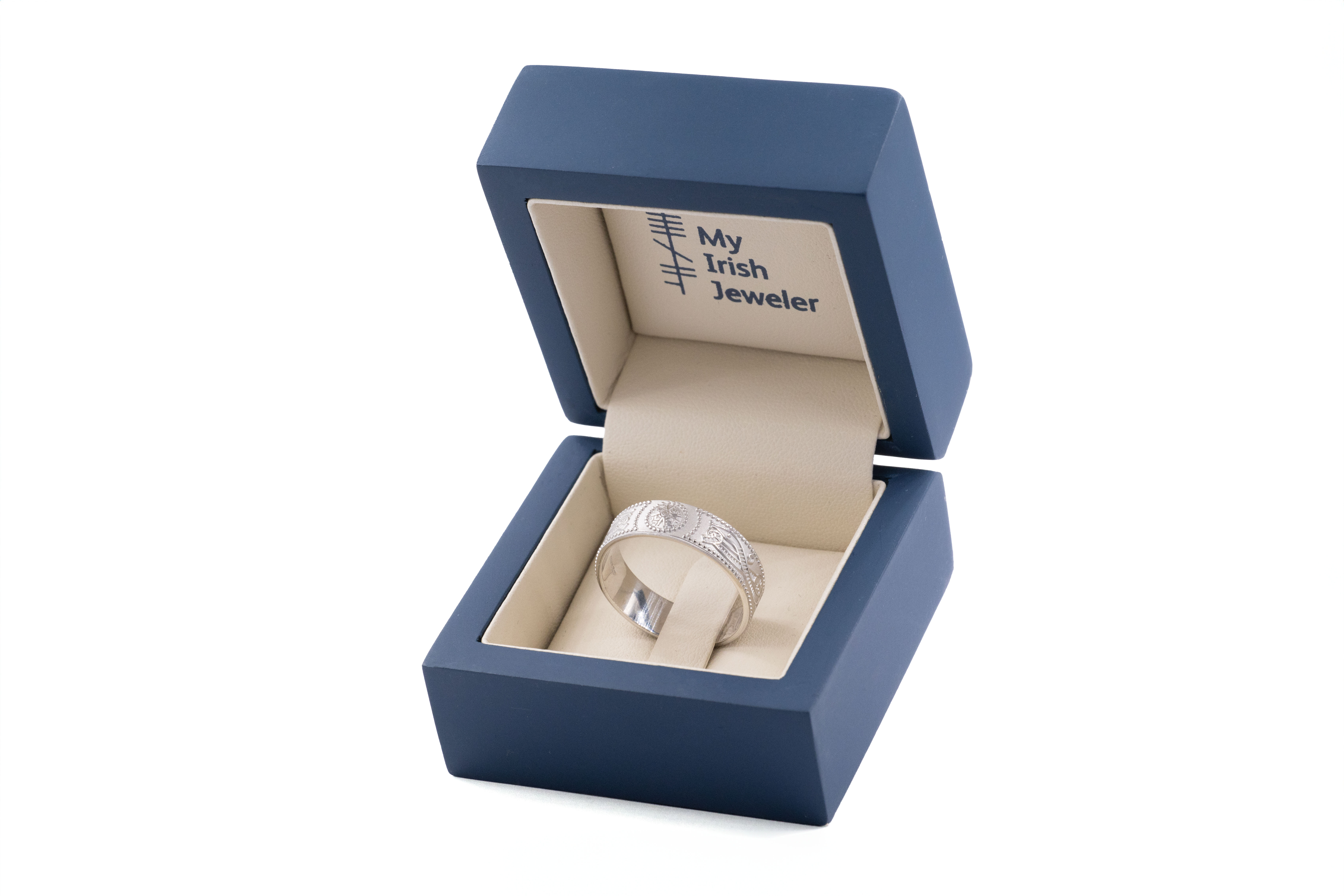 Mens Striking Florentine White Gold Celtic Warrior 3.0mm Ring. In Luxury Packaging.