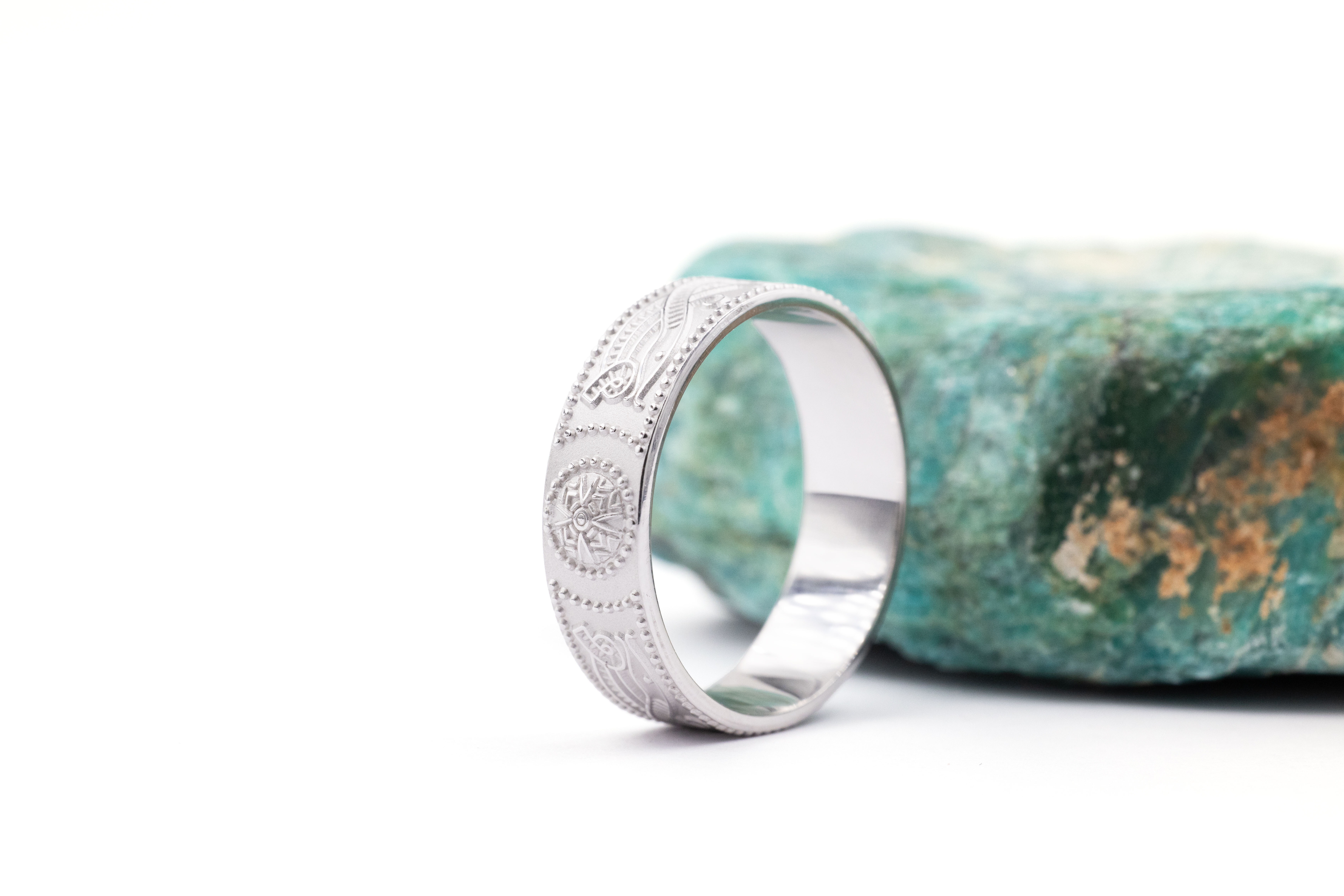 Gorgeous White Gold Celtic Warrior 6.0mm Ring For Men With a Florentine Finish. Side View.