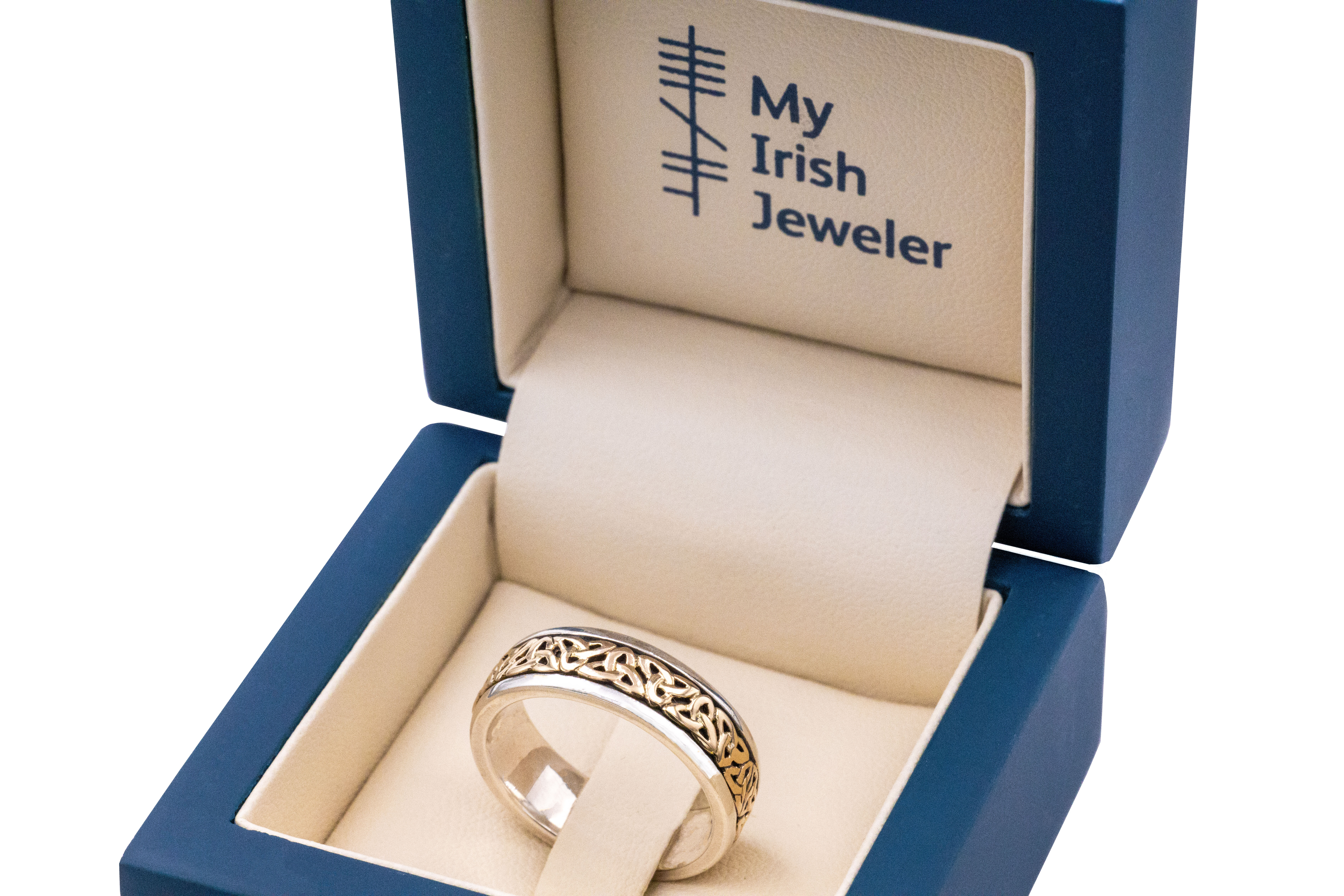 Authentic Sterling Silver & 10K Yellow Gold Celtic Knot & Trinity Knot 6.0mm Ring With a Oxidised Finish For Women. In Luxury Packaging.