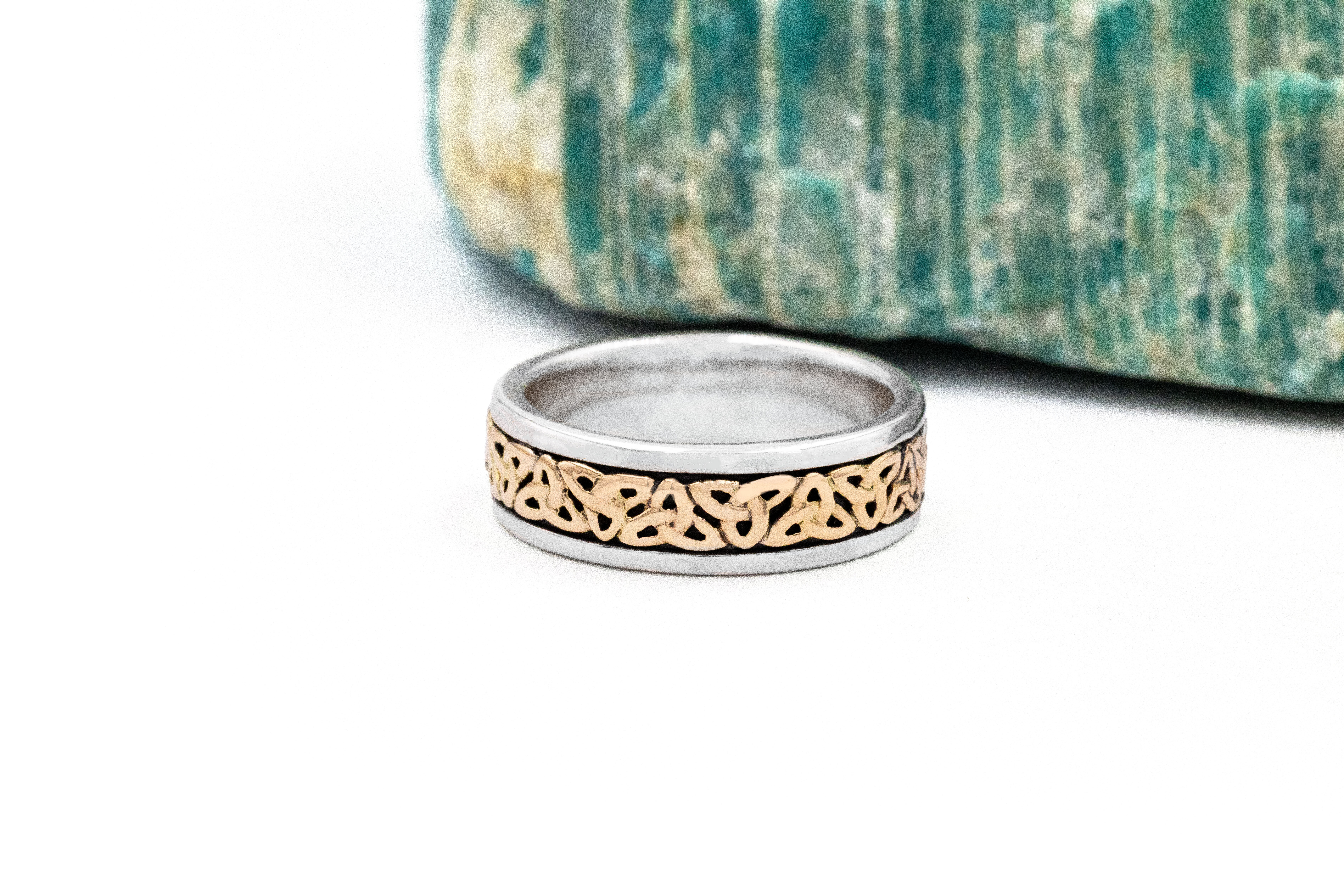 Womens Real Oxidised Sterling Silver & 10K Yellow Gold Celtic Knot & Trinity Knot 6.0mm Ring